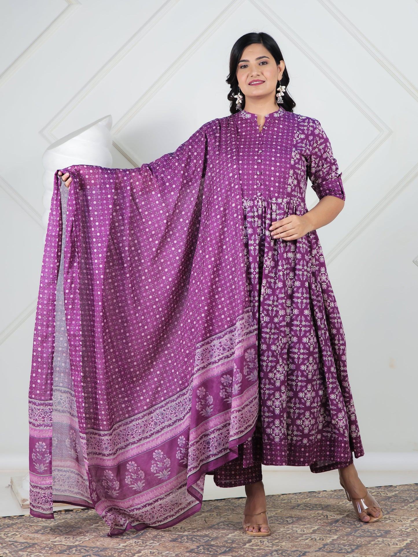 Soft Cotton Floral Panelled Purple Kurta