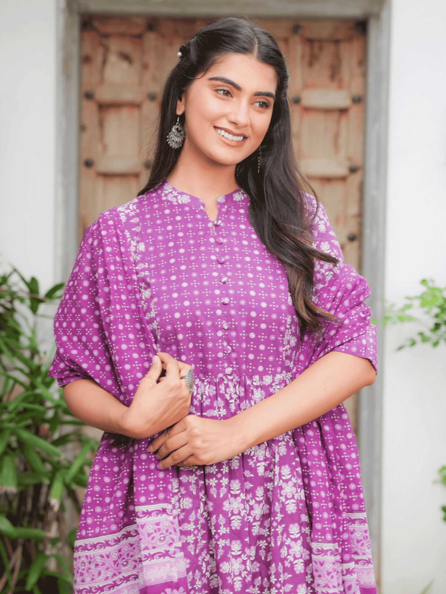 Soft Cotton Floral Panelled Purple Kurta