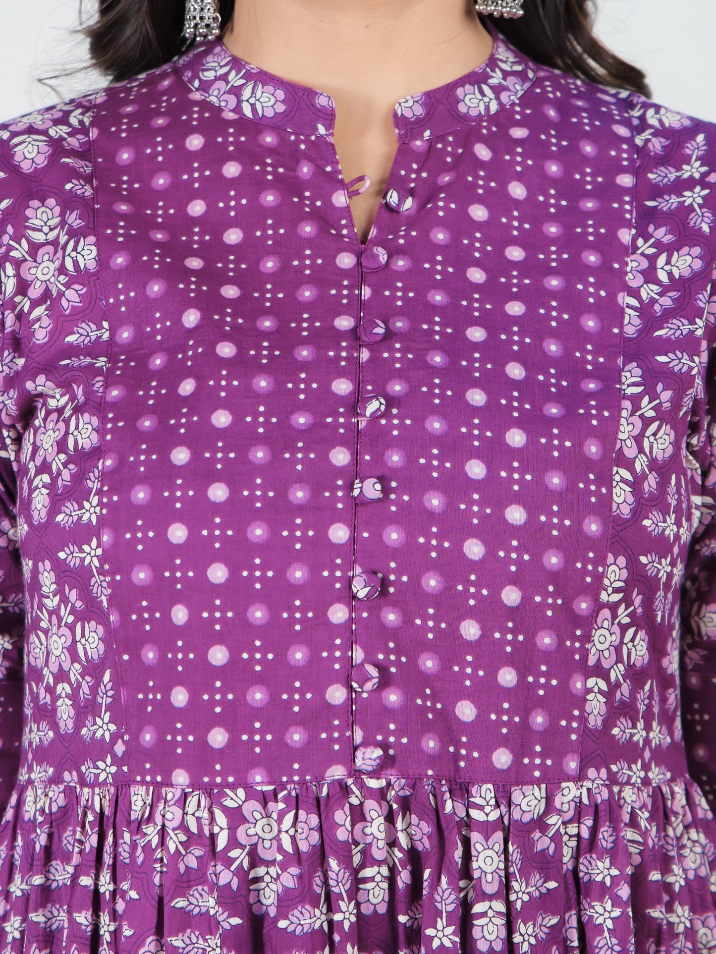 Soft Cotton Floral Panelled Purple Kurta