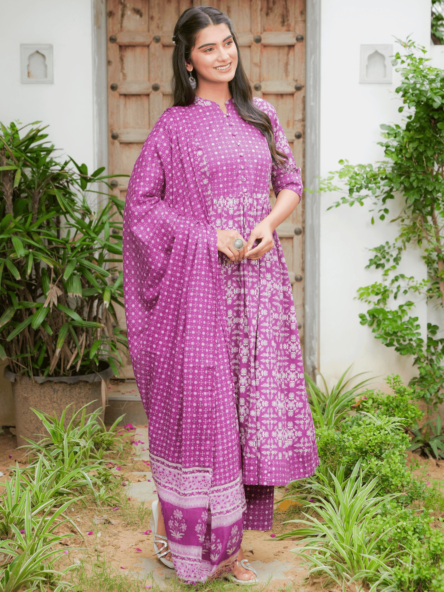 Soft Cotton Floral Panelled Purple Kurta