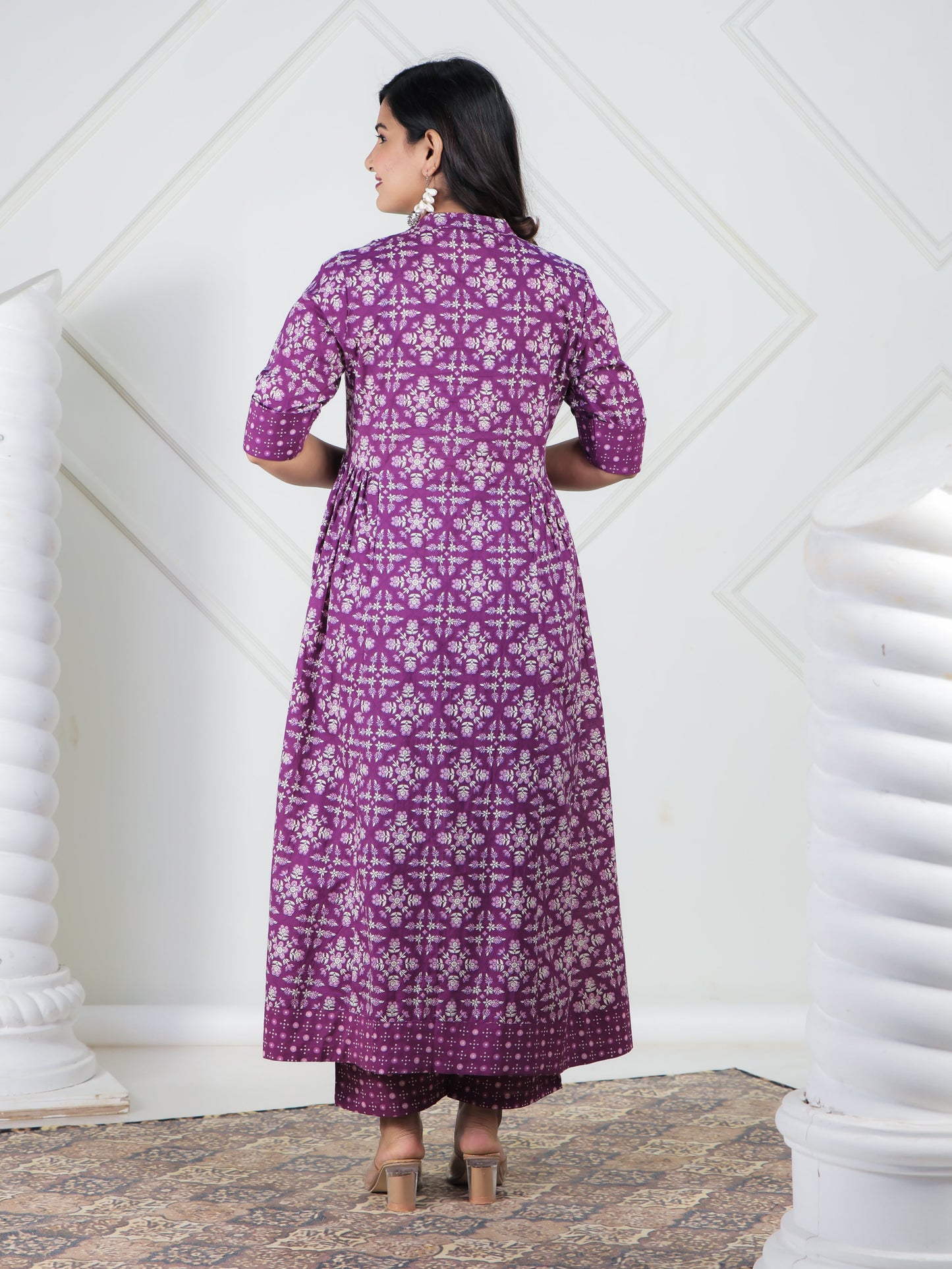 Soft Cotton Floral Panelled Purple Kurta