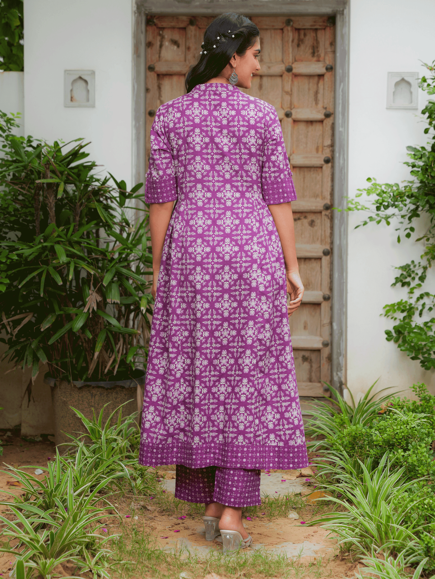 Soft Cotton Floral Panelled Purple Kurta