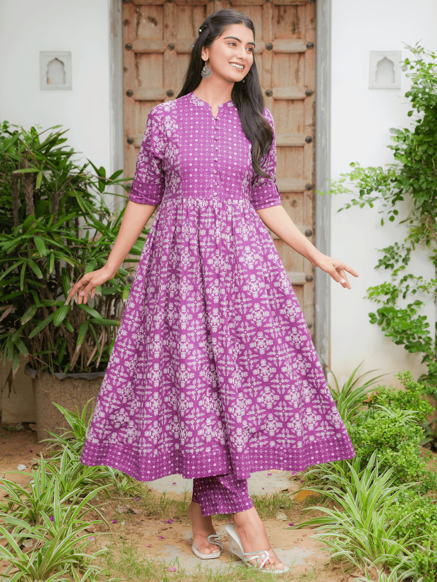 Soft Cotton Floral Panelled Purple Kurta