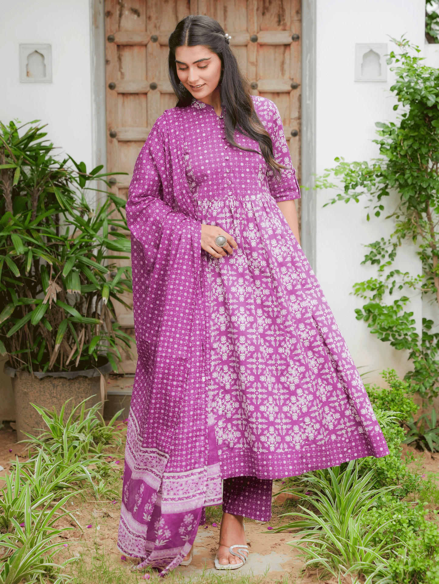 Soft Cotton Floral Panelled Purple Kurta