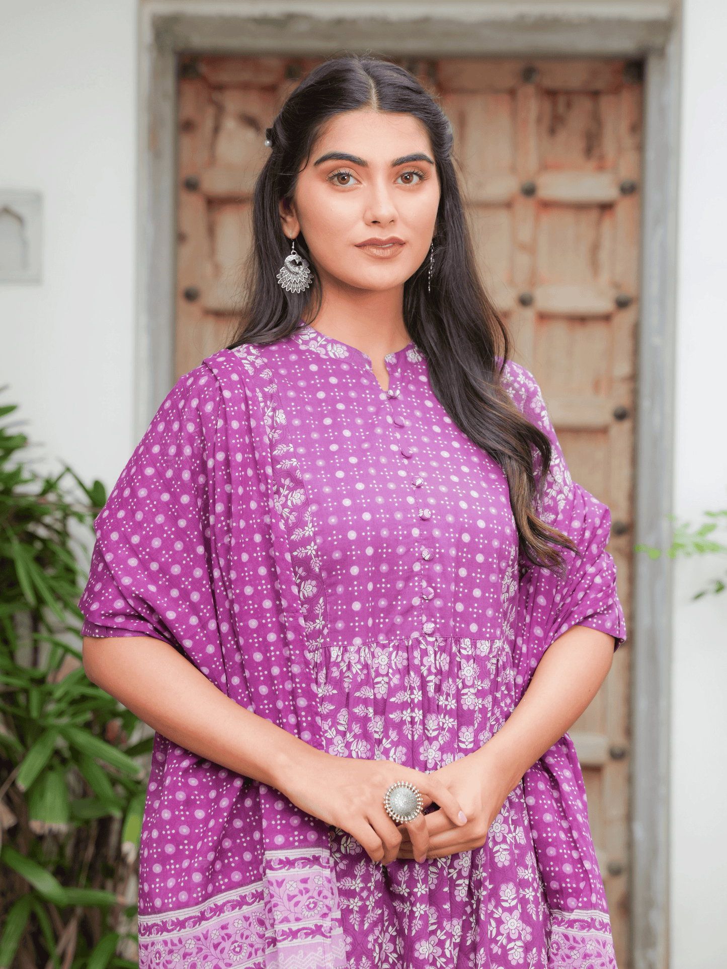 Soft Cotton Floral Panelled Purple Kurta