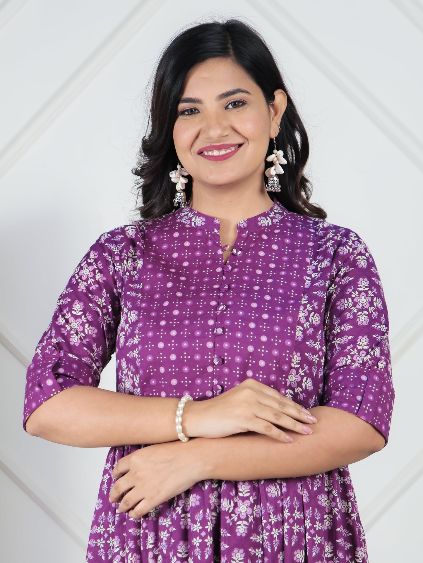 Soft Cotton Floral Panelled Purple Kurta