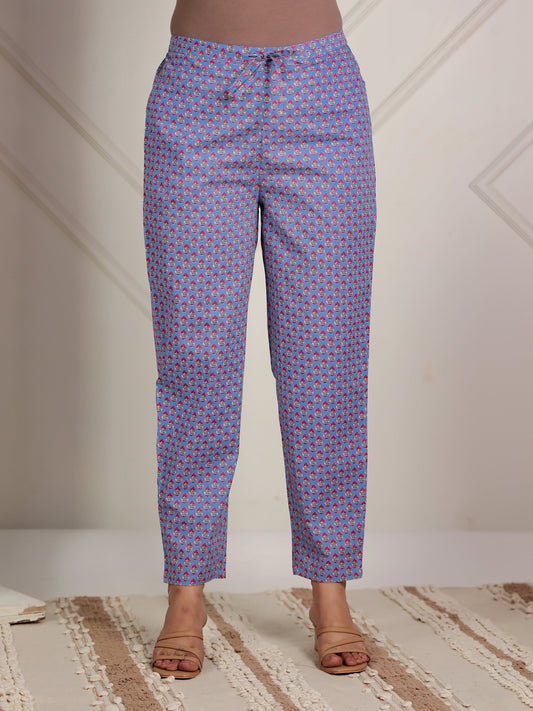 Soft Cotton Floral Blue Tapered Trousers