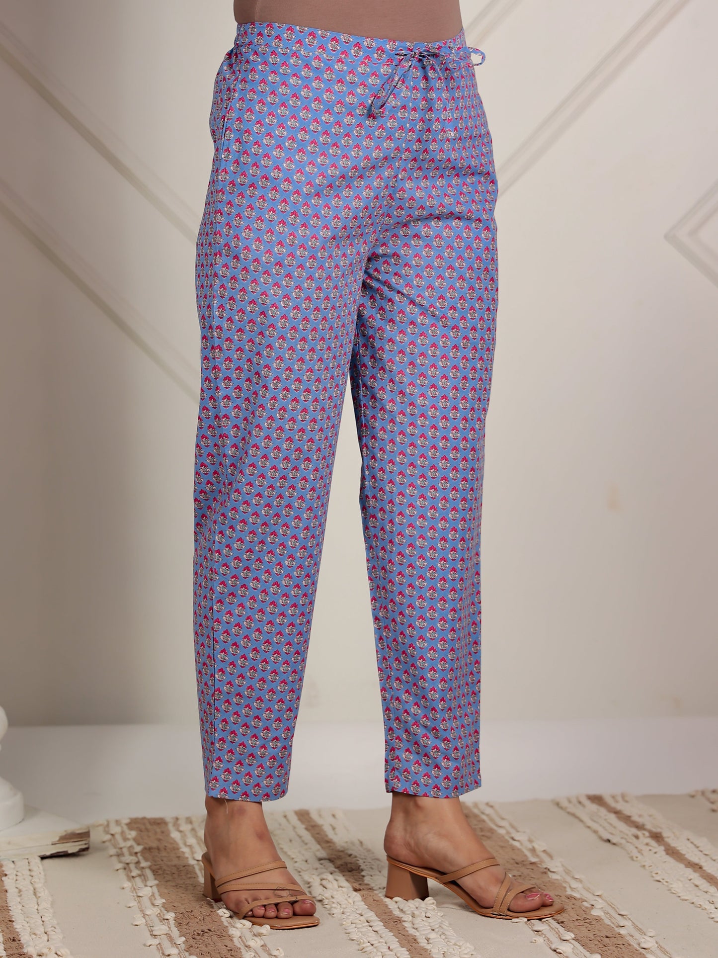 Soft Cotton Floral Blue Tapered Trousers