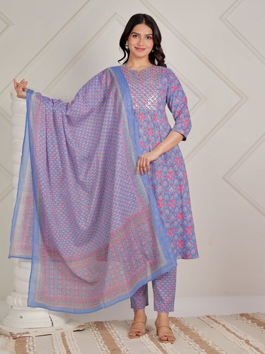 Cotton Voile Floral Blue Dupatta