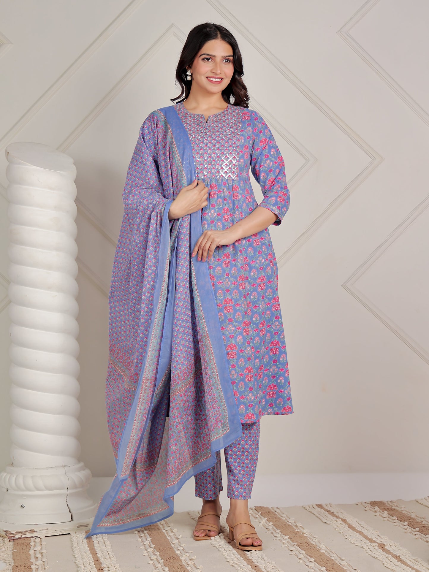 Cotton Voile Floral Blue Dupatta