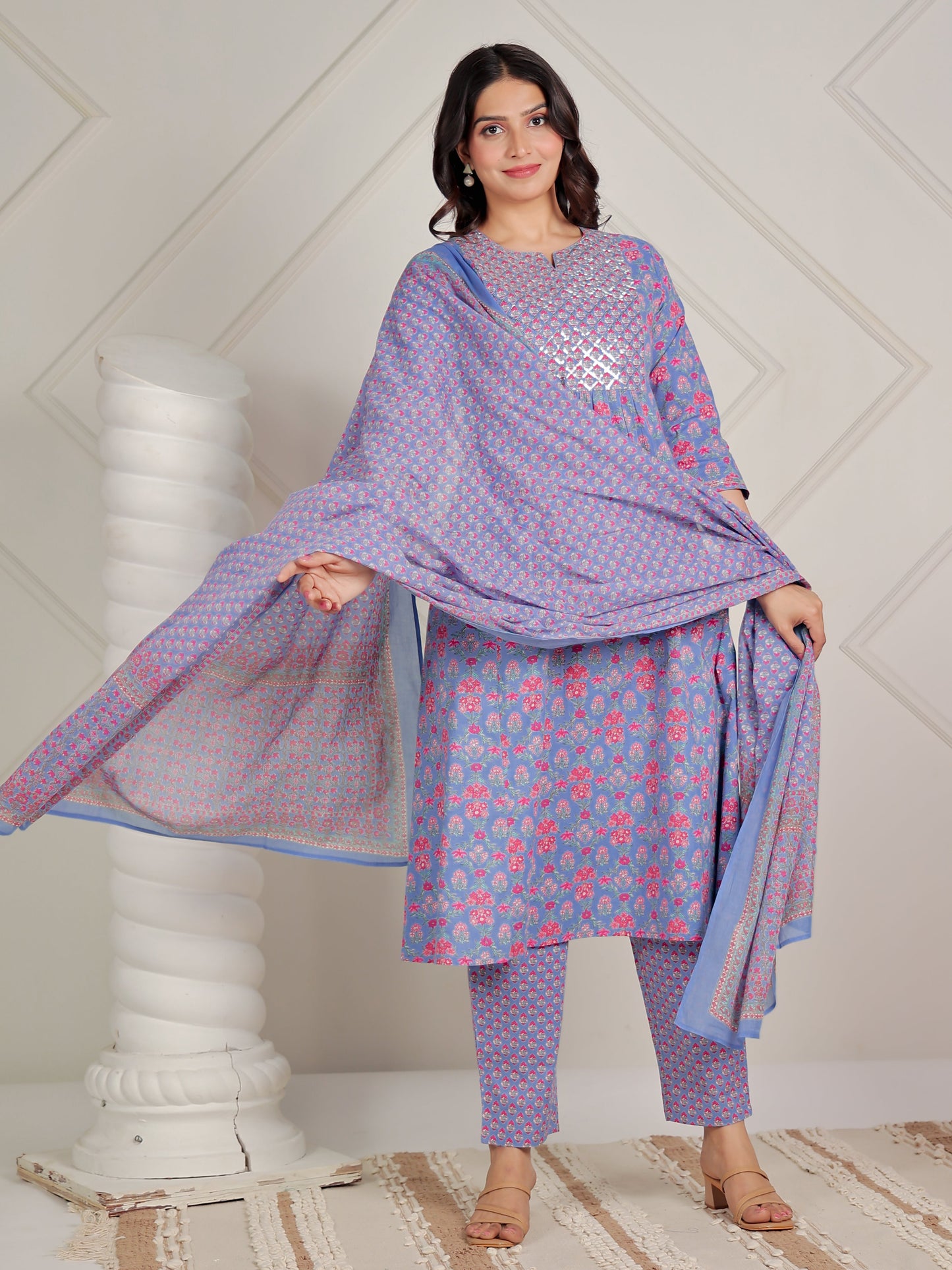 Embroidered Soft Cotton Floral Panelled Blue Kurta