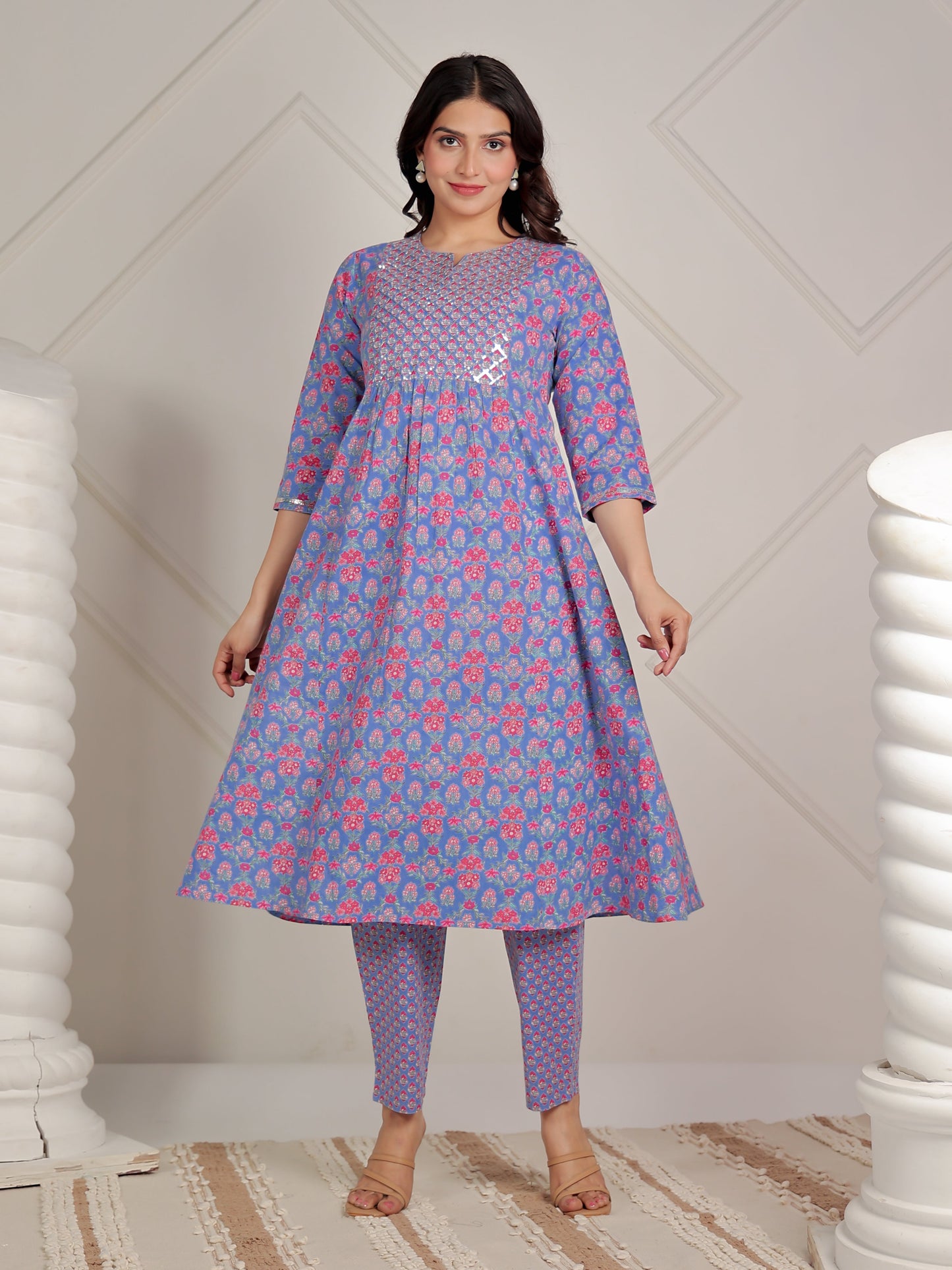 Embroidered Soft Cotton Floral Panelled Blue Kurta