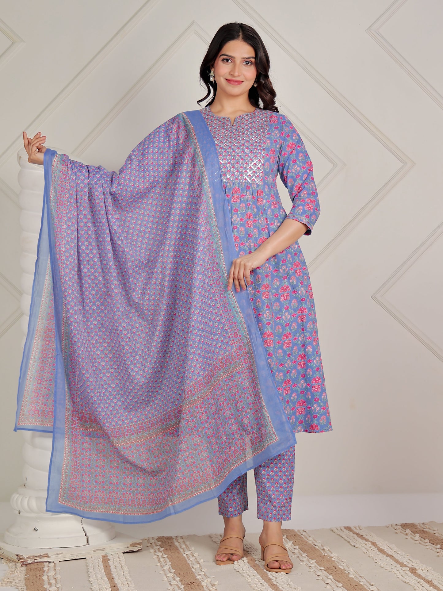Embroidered Soft Cotton Floral Panelled Blue Kurta