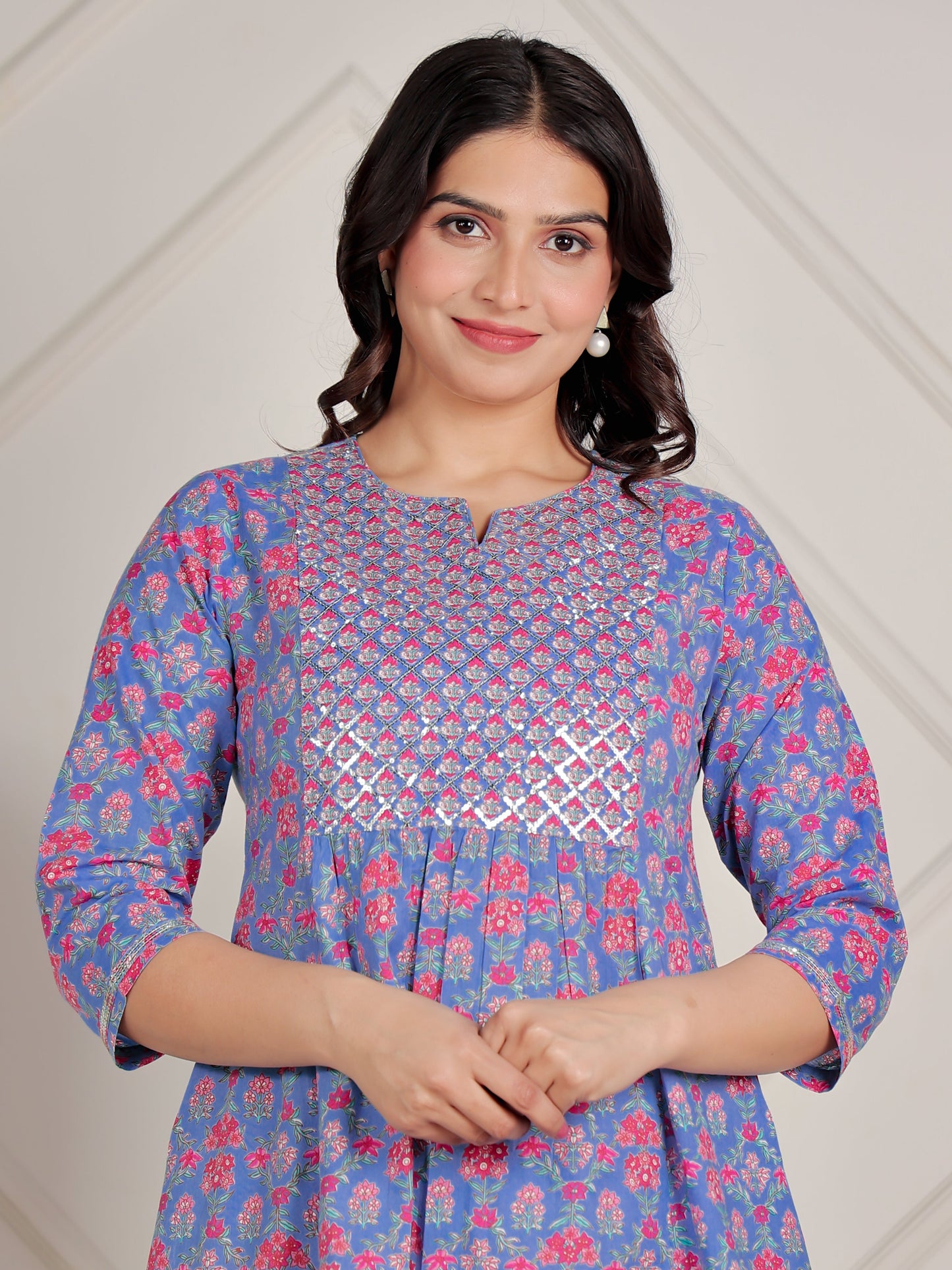 Embroidered Soft Cotton Floral Panelled Blue Kurta