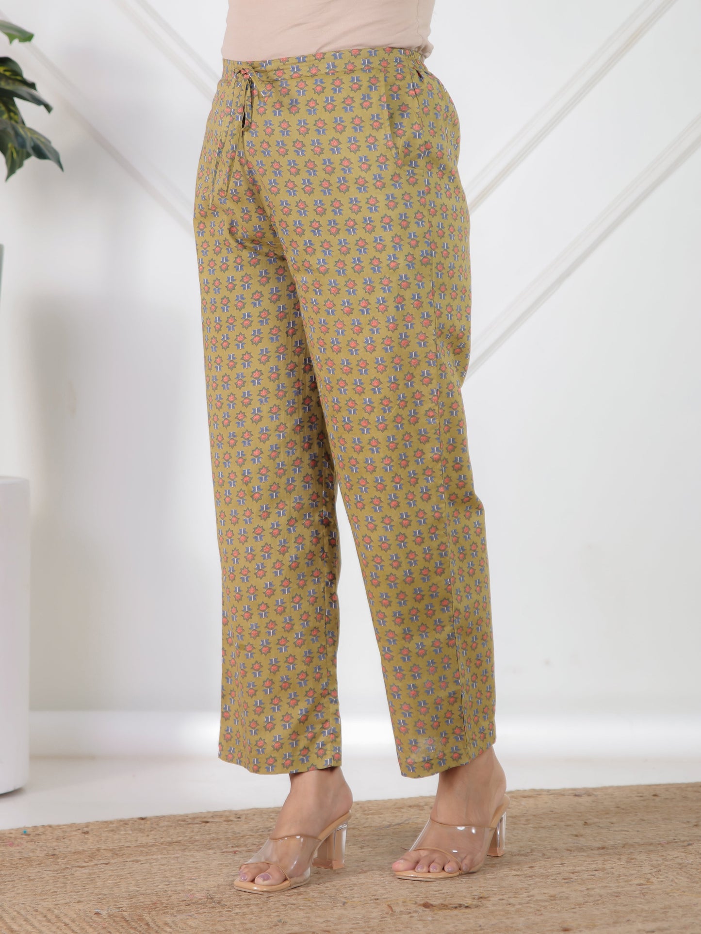 Soft Cotton Floral Green Tapered Trousers