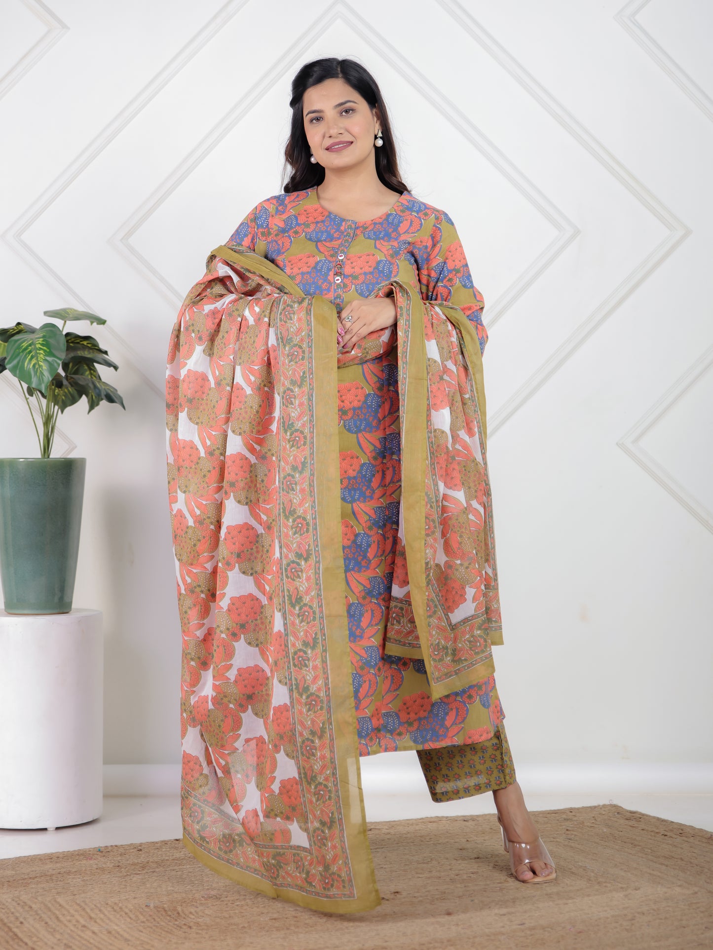 Soft Cotton Floral A-line Green Kurta