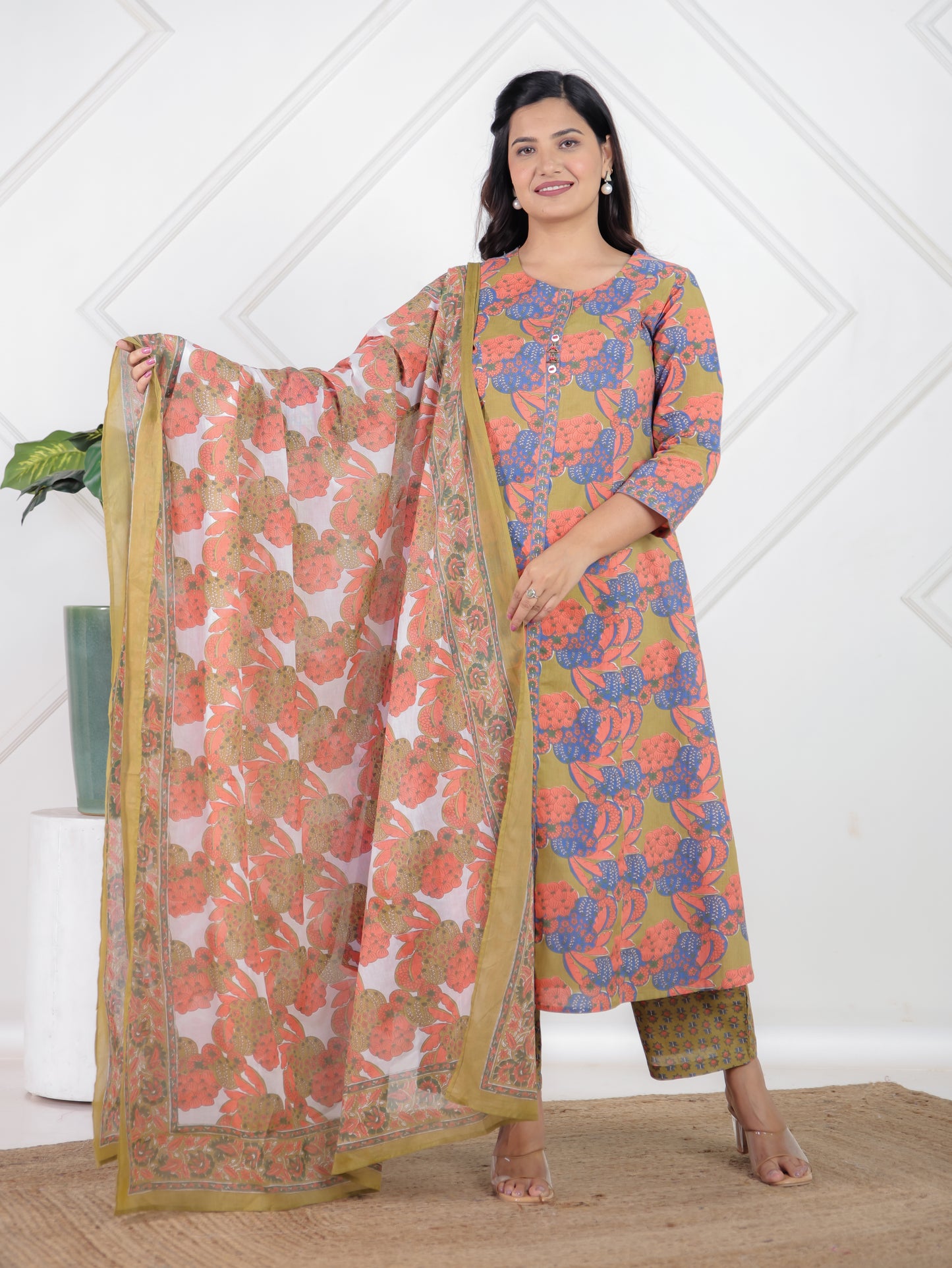 Soft Cotton Floral A-line Green Kurta