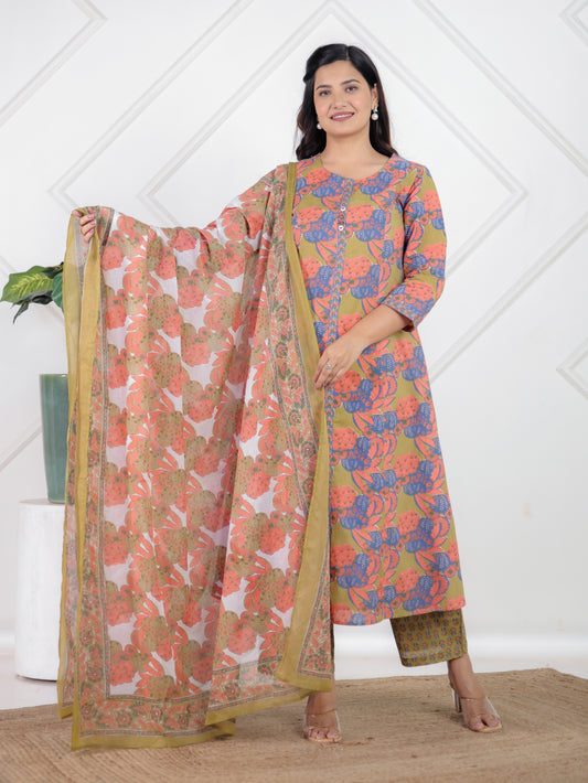Soft Cotton Floral A-line Green Kurta