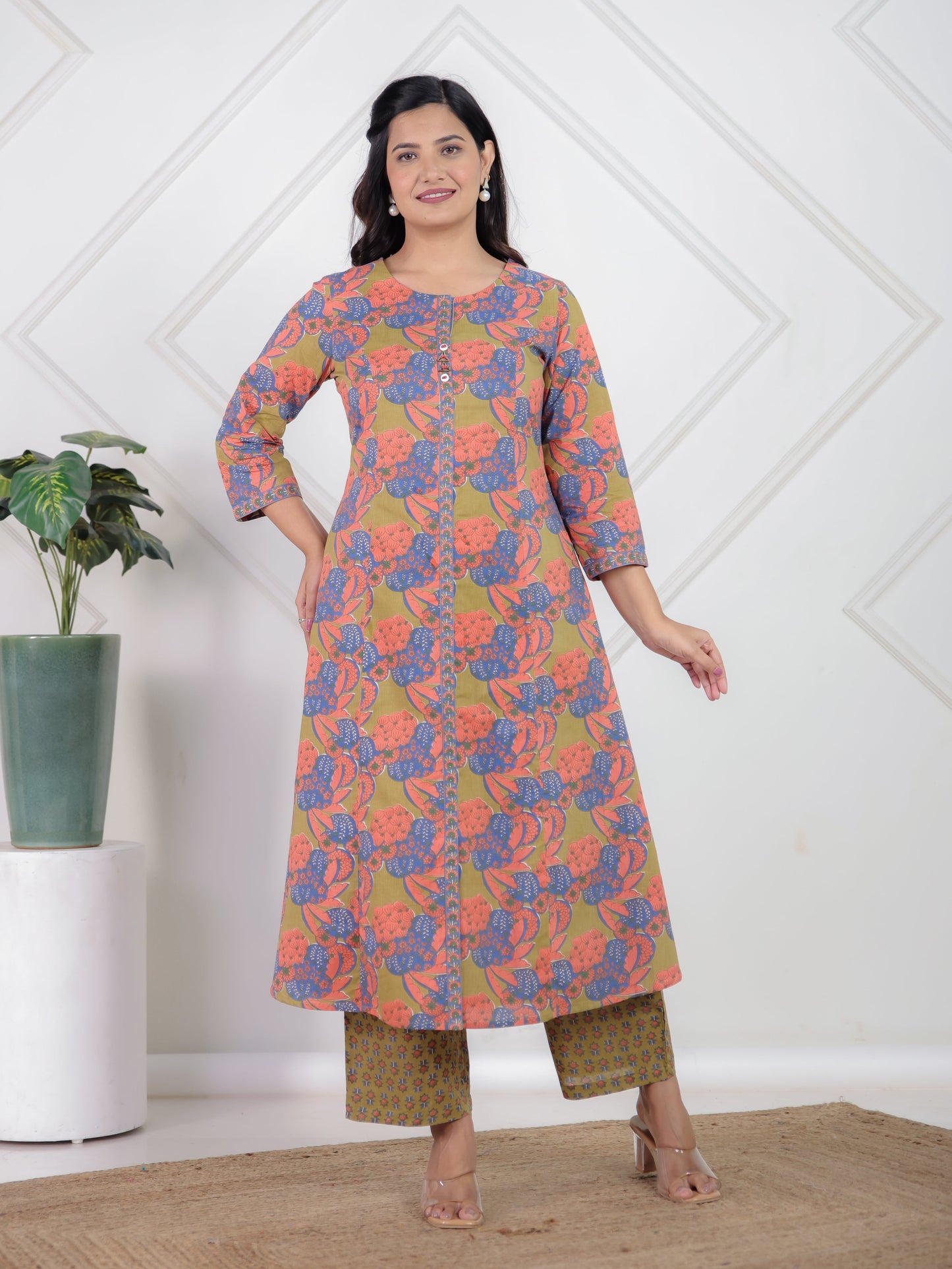 Soft Cotton Floral A-line Green Kurta