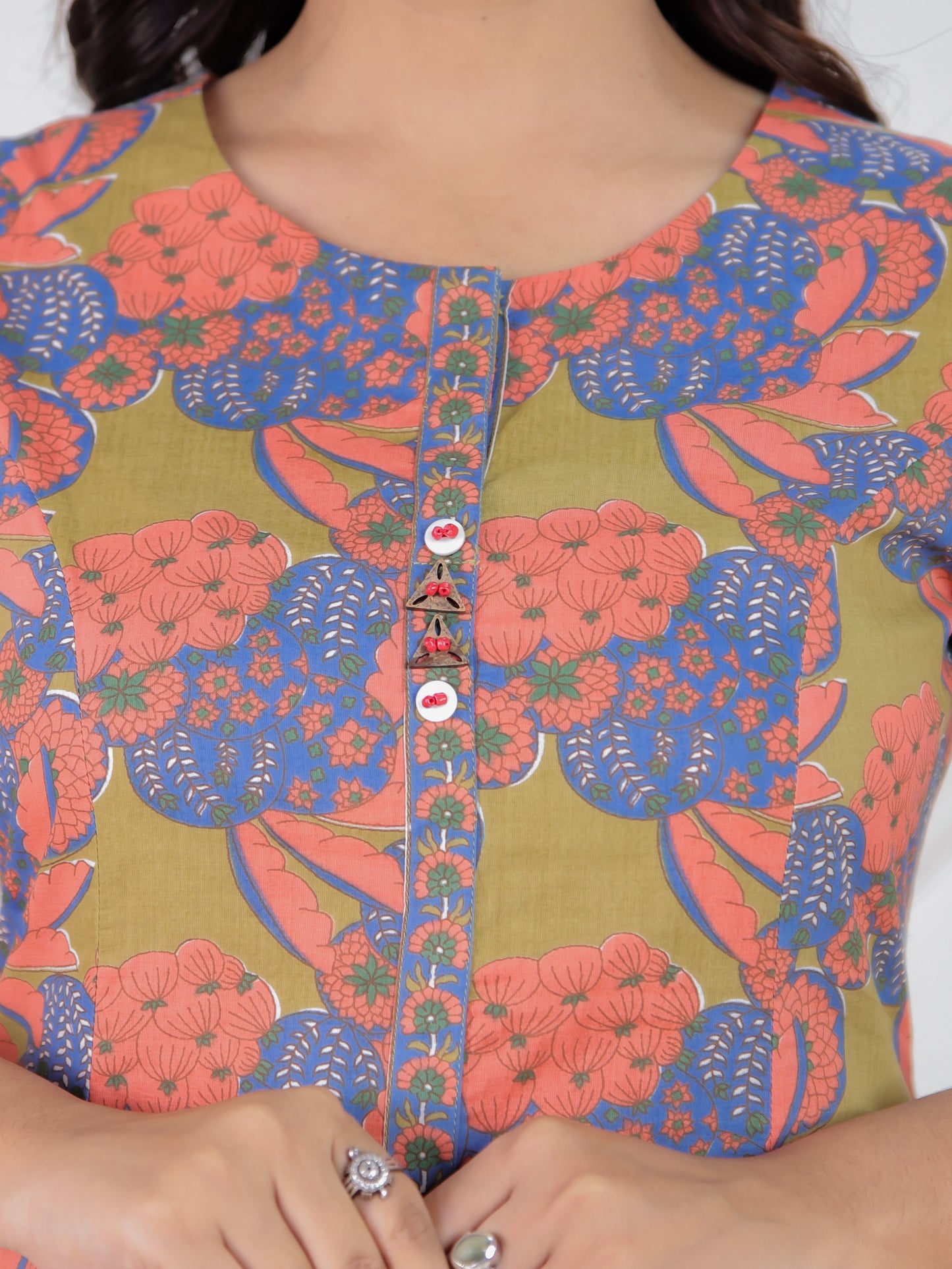 Soft Cotton Floral A-line Green Kurta