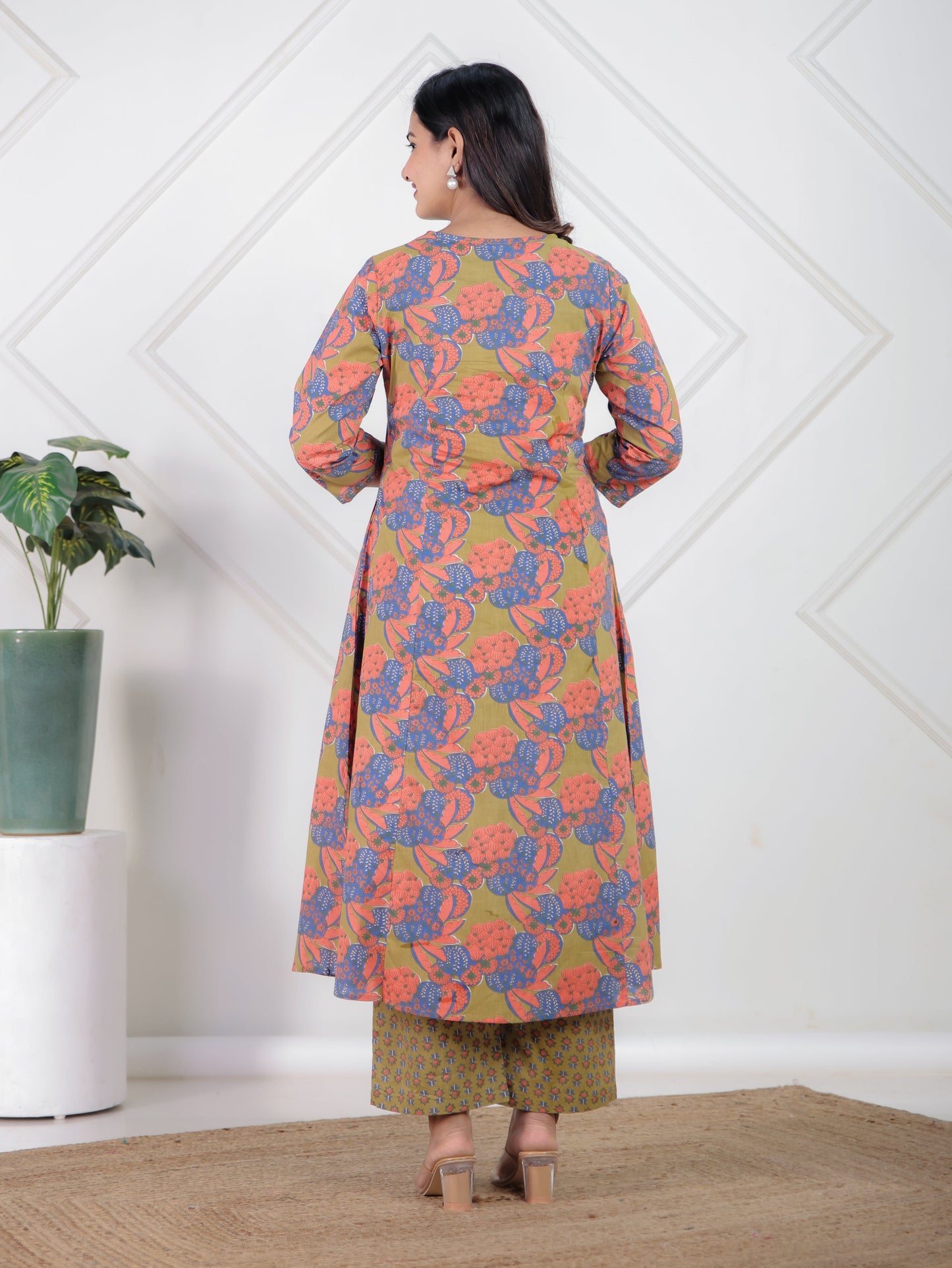 Soft Cotton Floral A-line Green Kurta