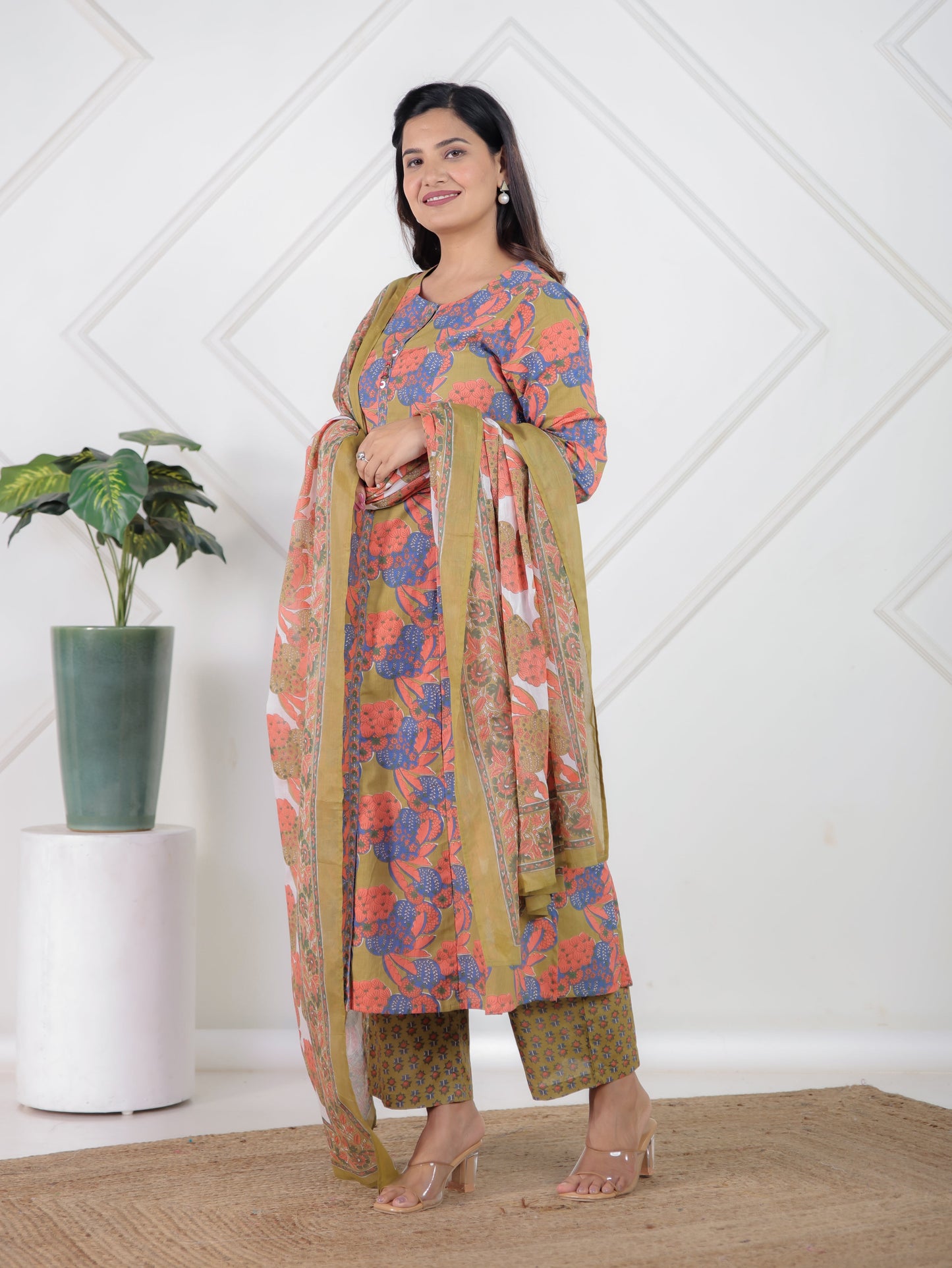Soft Cotton Floral A-line Green Kurta