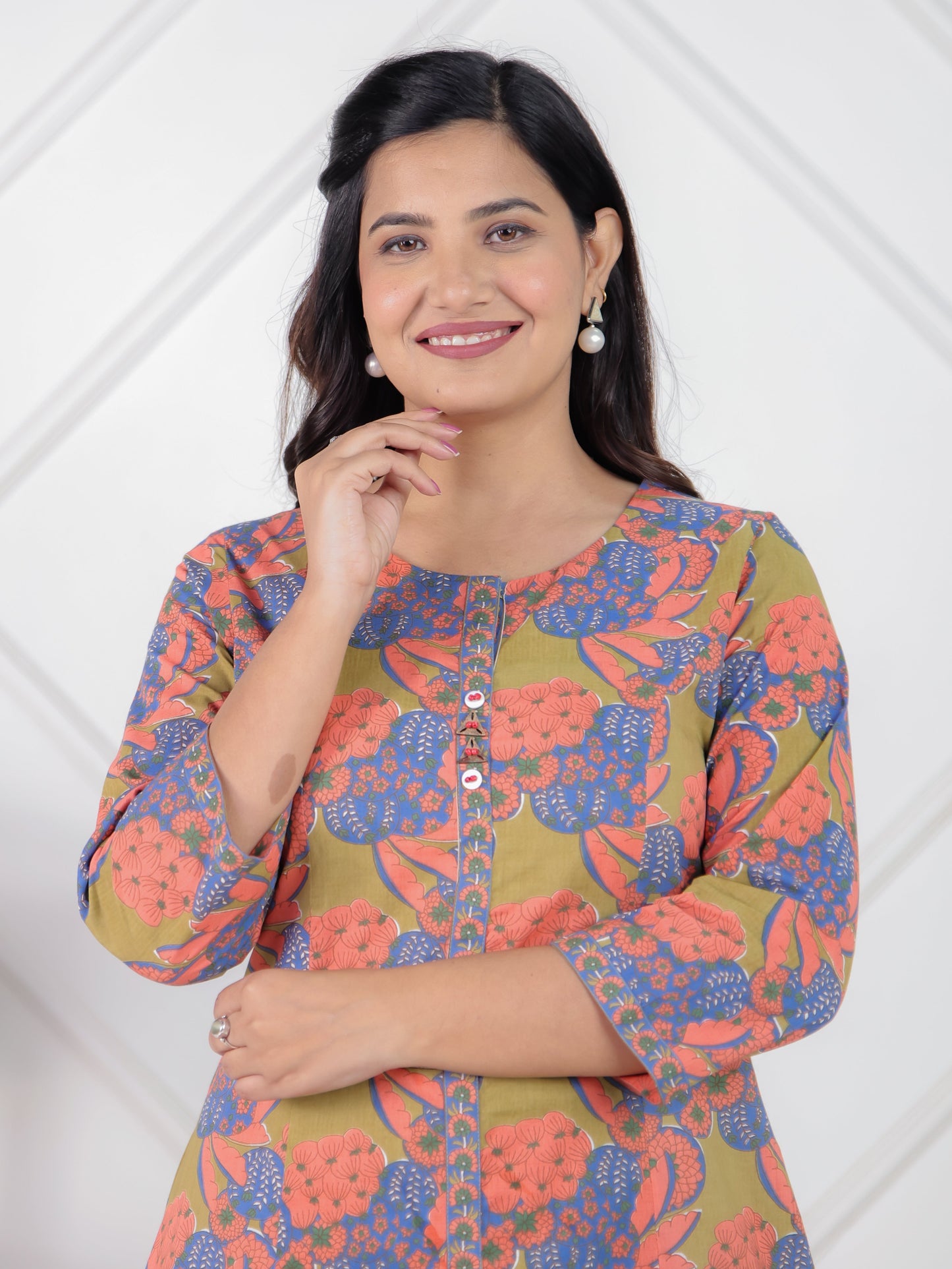 Soft Cotton Floral A-line Green Kurta