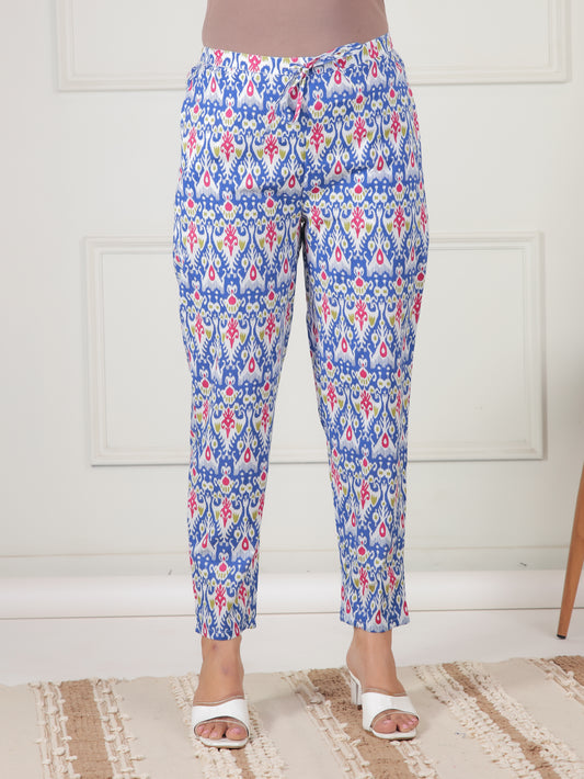 Soft Cotton Ikat Blue Tapered Trousers