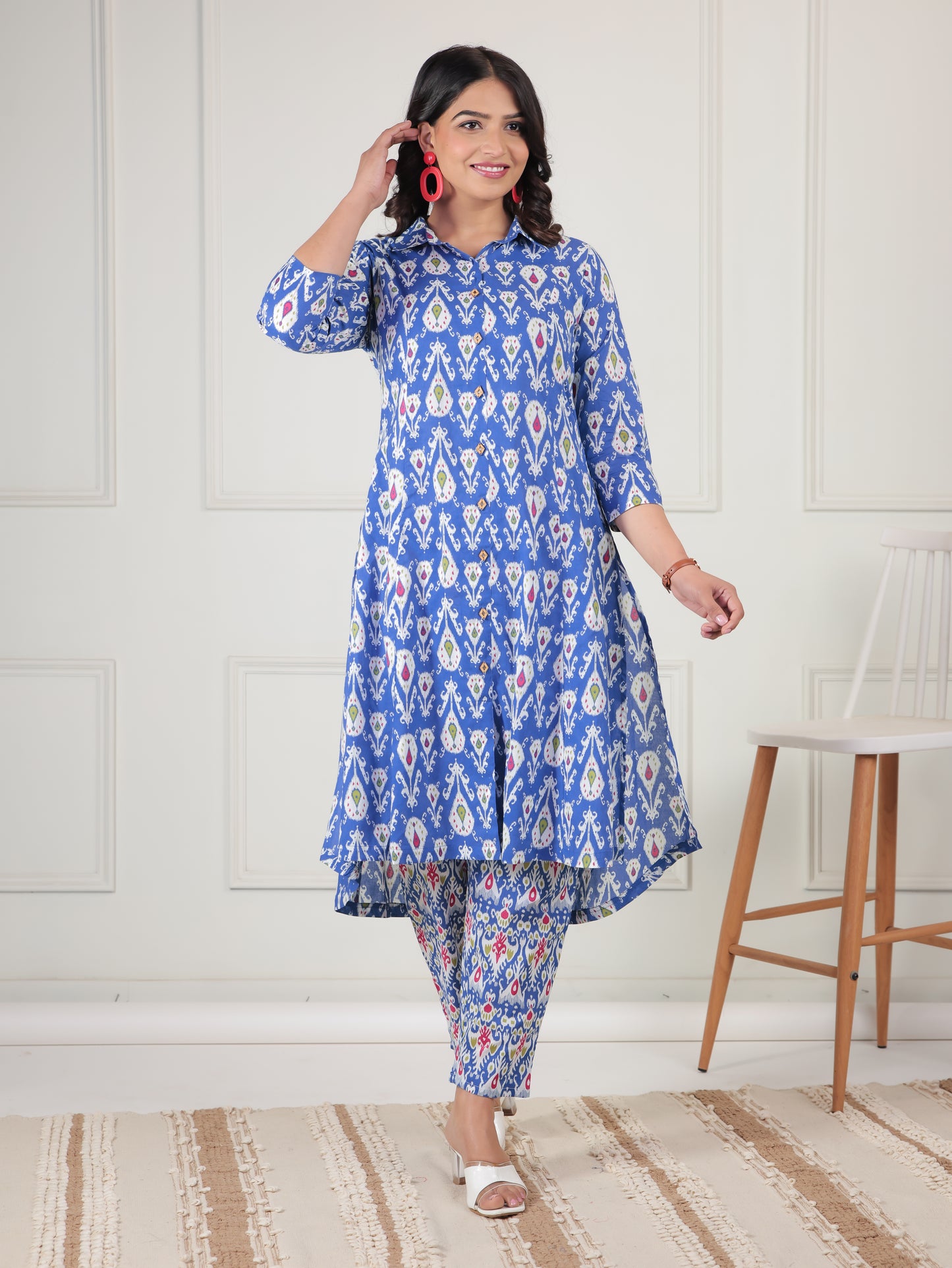 Soft Cotton Ikat High Low Blue Kurta