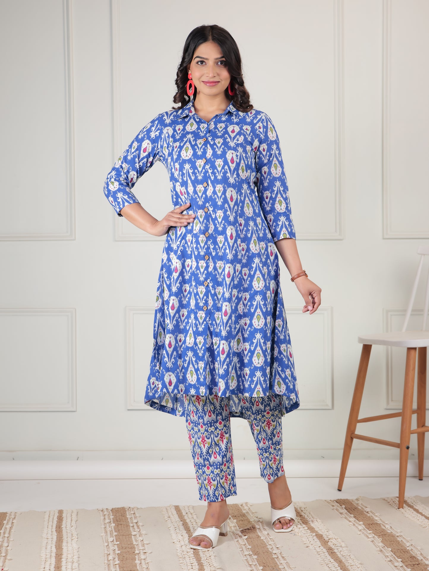 Soft Cotton Ikat High Low Blue Kurta
