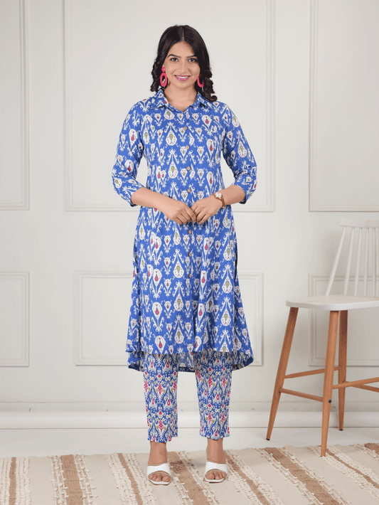 Soft Cotton Ikat High Low Blue Kurta