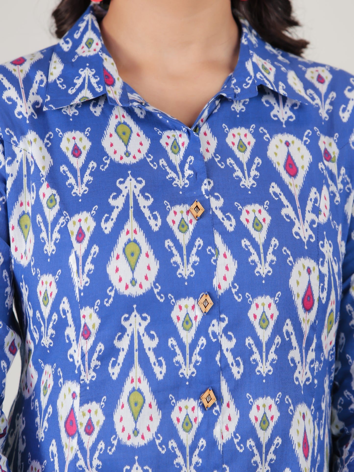 Soft Cotton Ikat High Low Blue Kurta