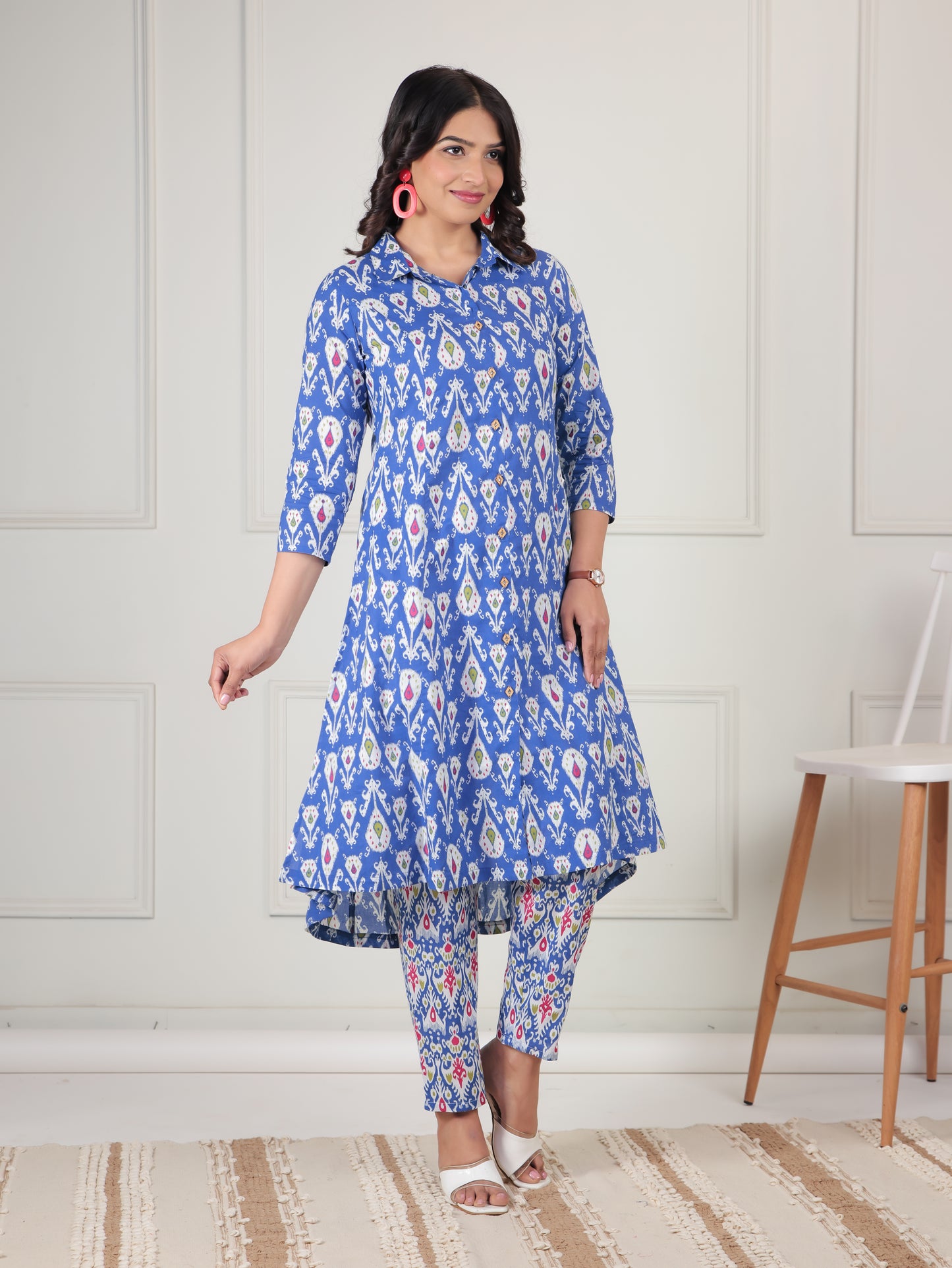Soft Cotton Ikat High Low Blue Kurta