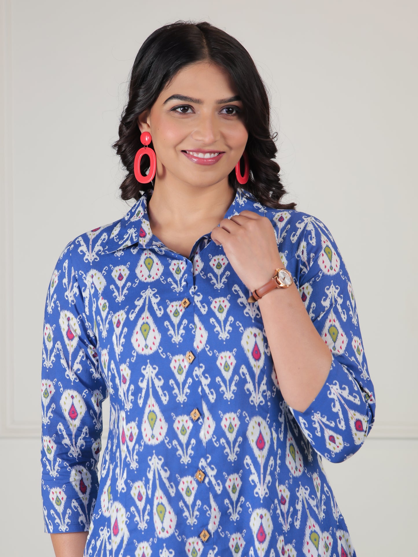 Soft Cotton Ikat High Low Blue Kurta