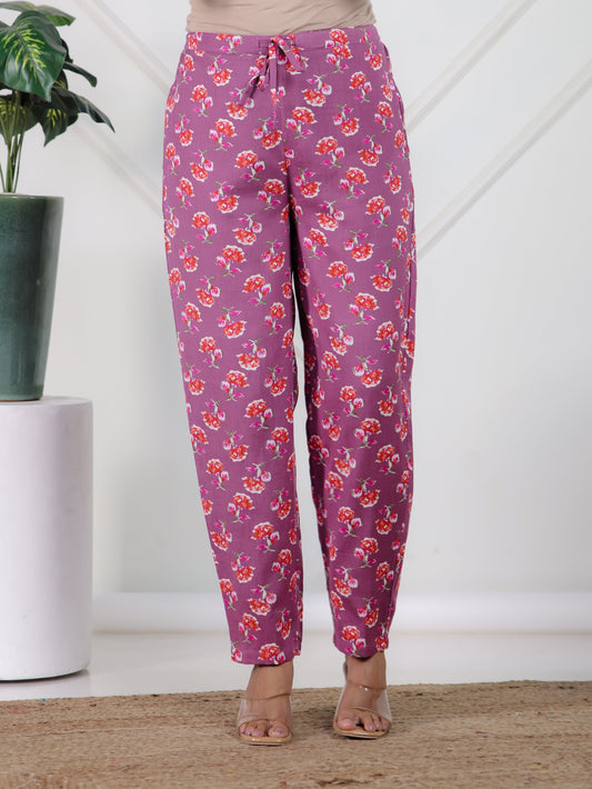 Linen Cotton Floral Purple Tapered Trousers