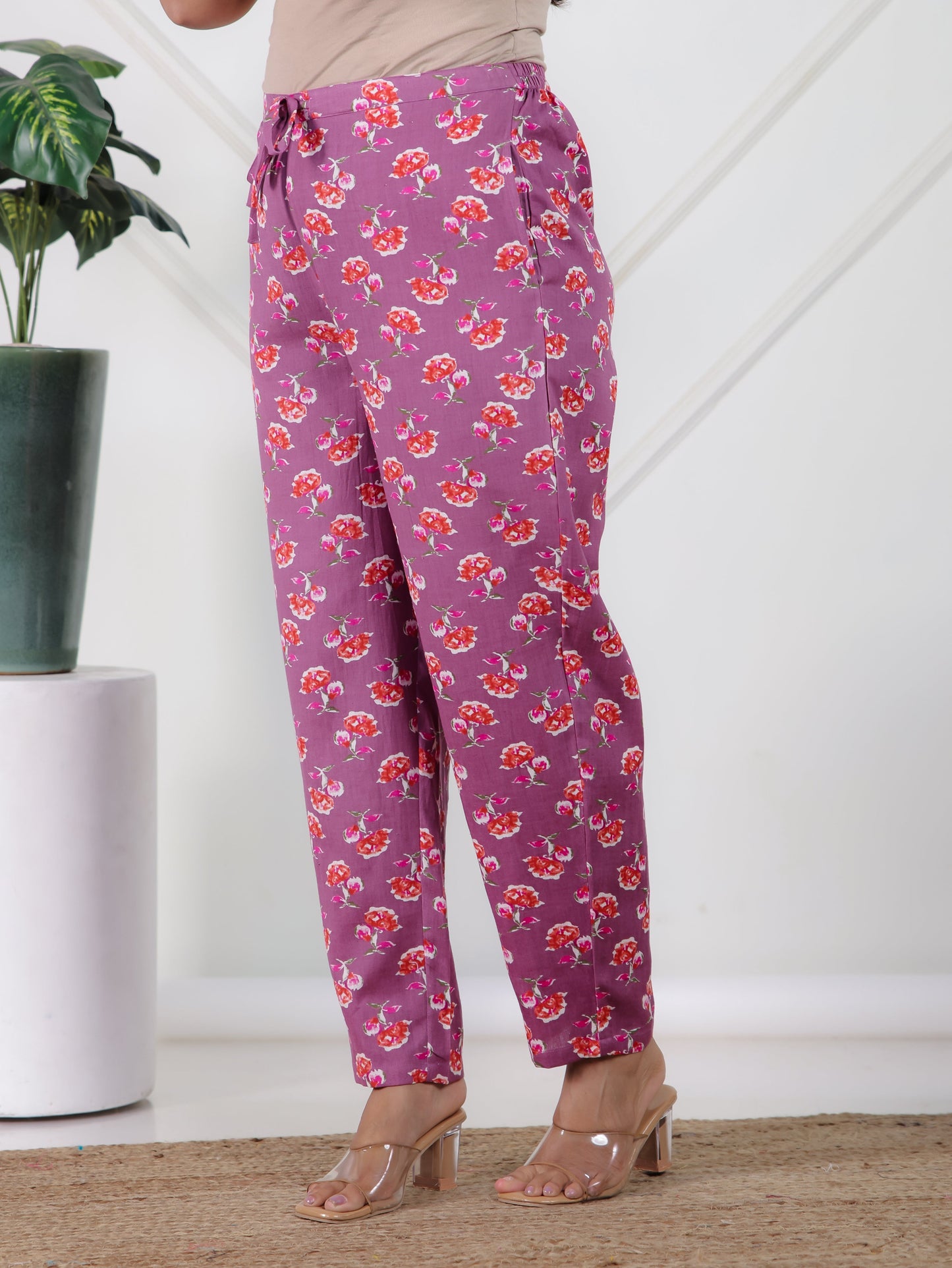 Linen Cotton Floral Purple Tapered Trousers