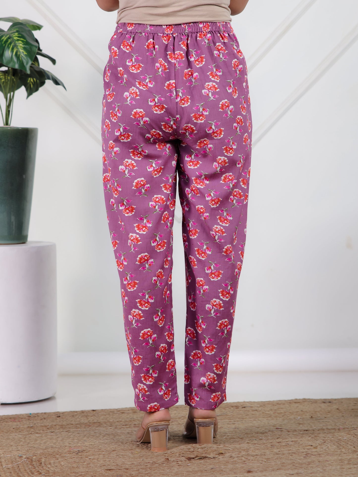 Linen Cotton Floral Purple Tapered Trousers