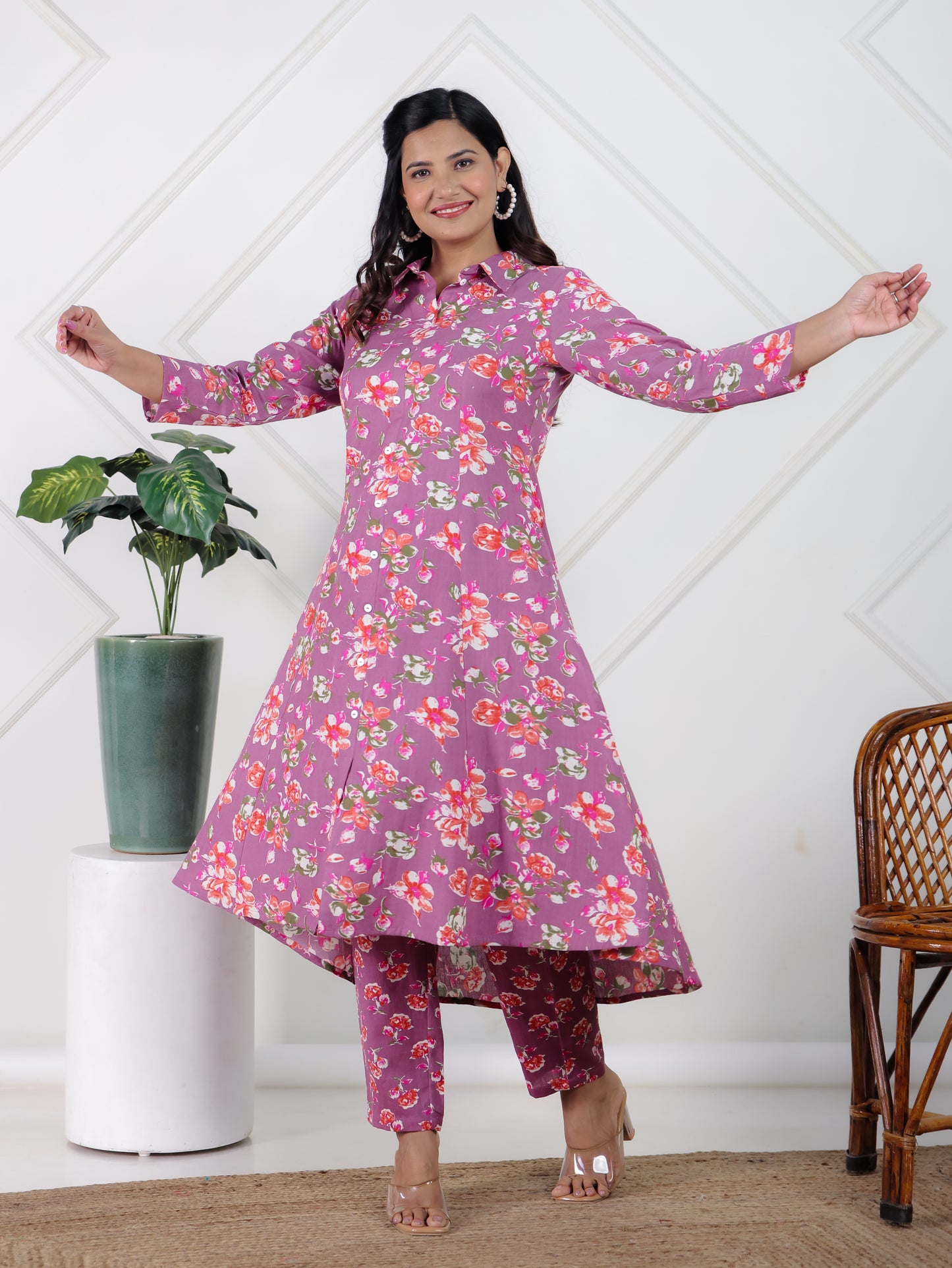 Linen Cotton Floral High Low Purple Kurta
