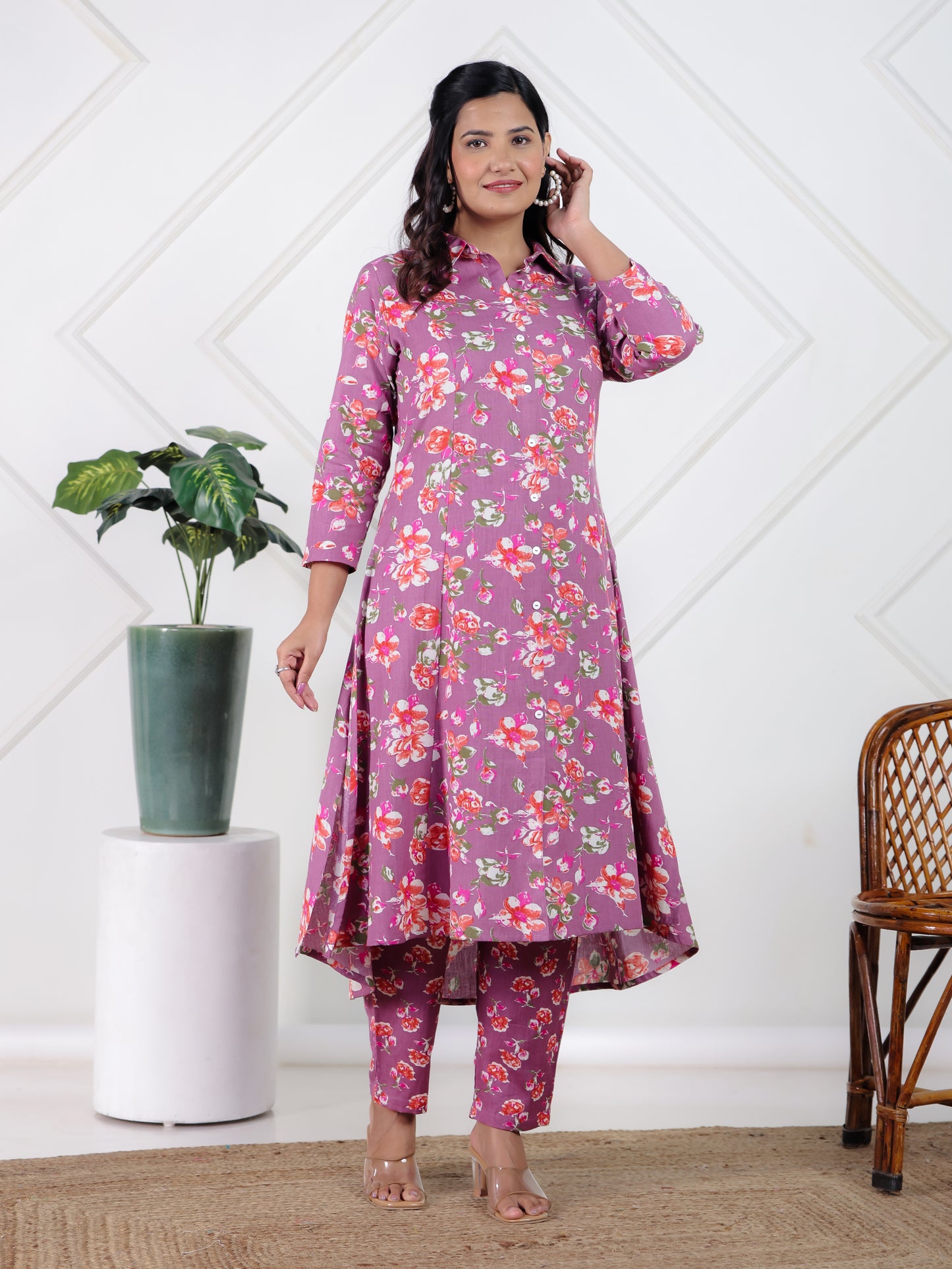 Linen Cotton Floral High Low Purple Kurta