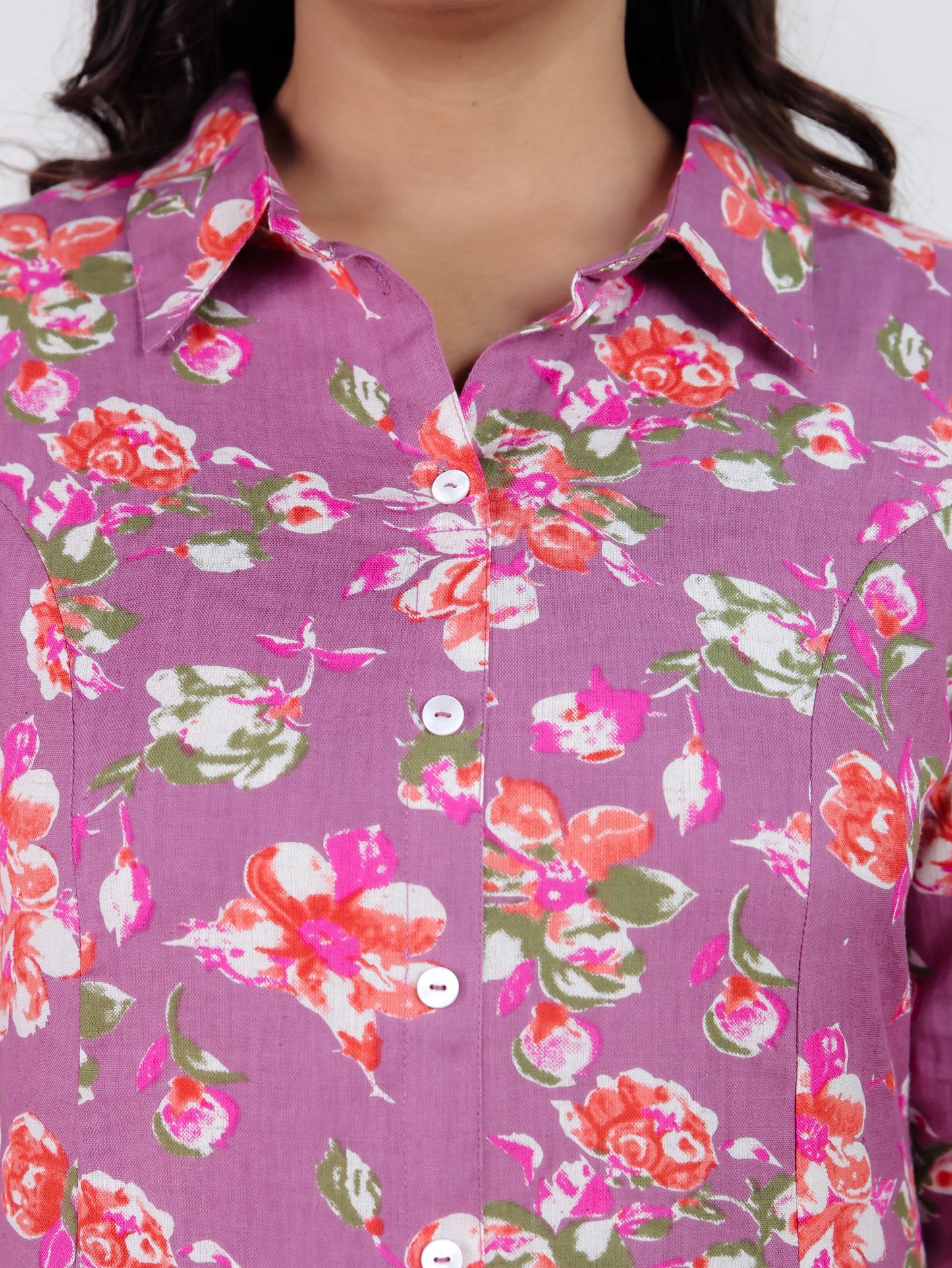 Linen Cotton Floral High Low Purple Kurta