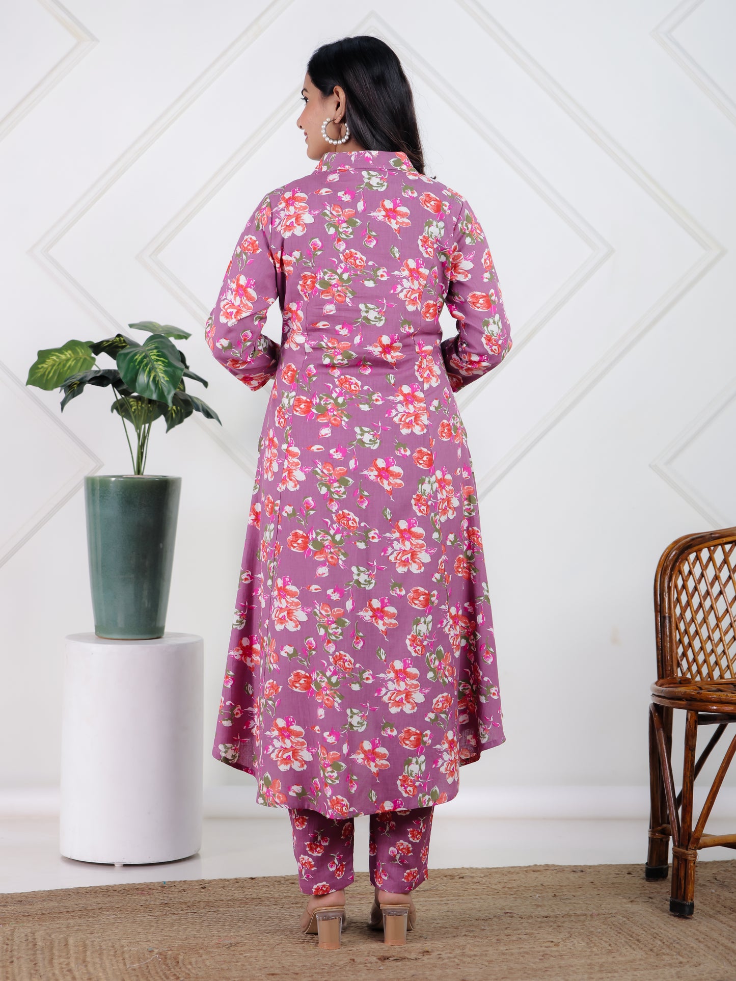 Linen Cotton Floral High Low Purple Kurta