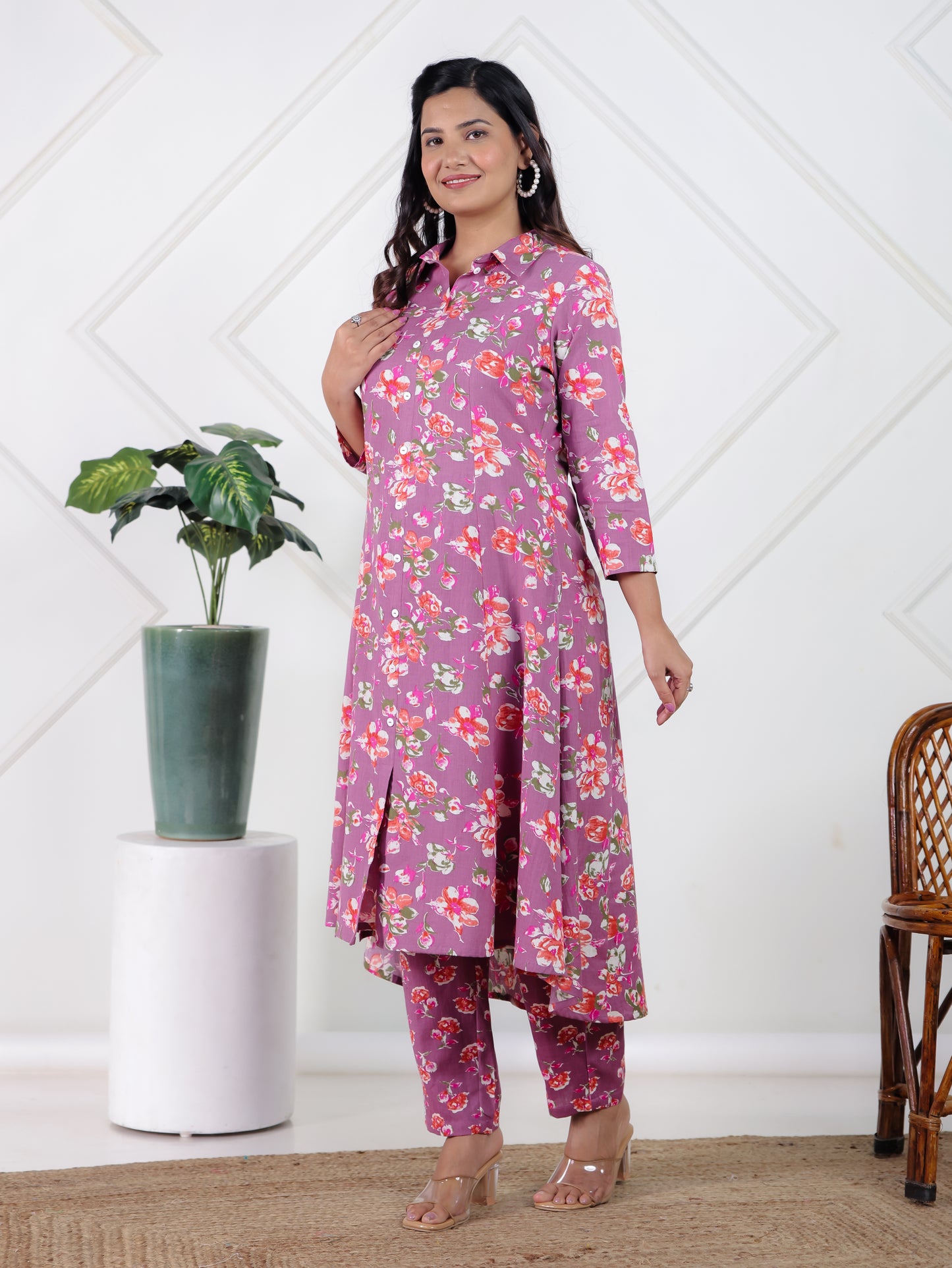 Linen Cotton Floral High Low Purple Kurta