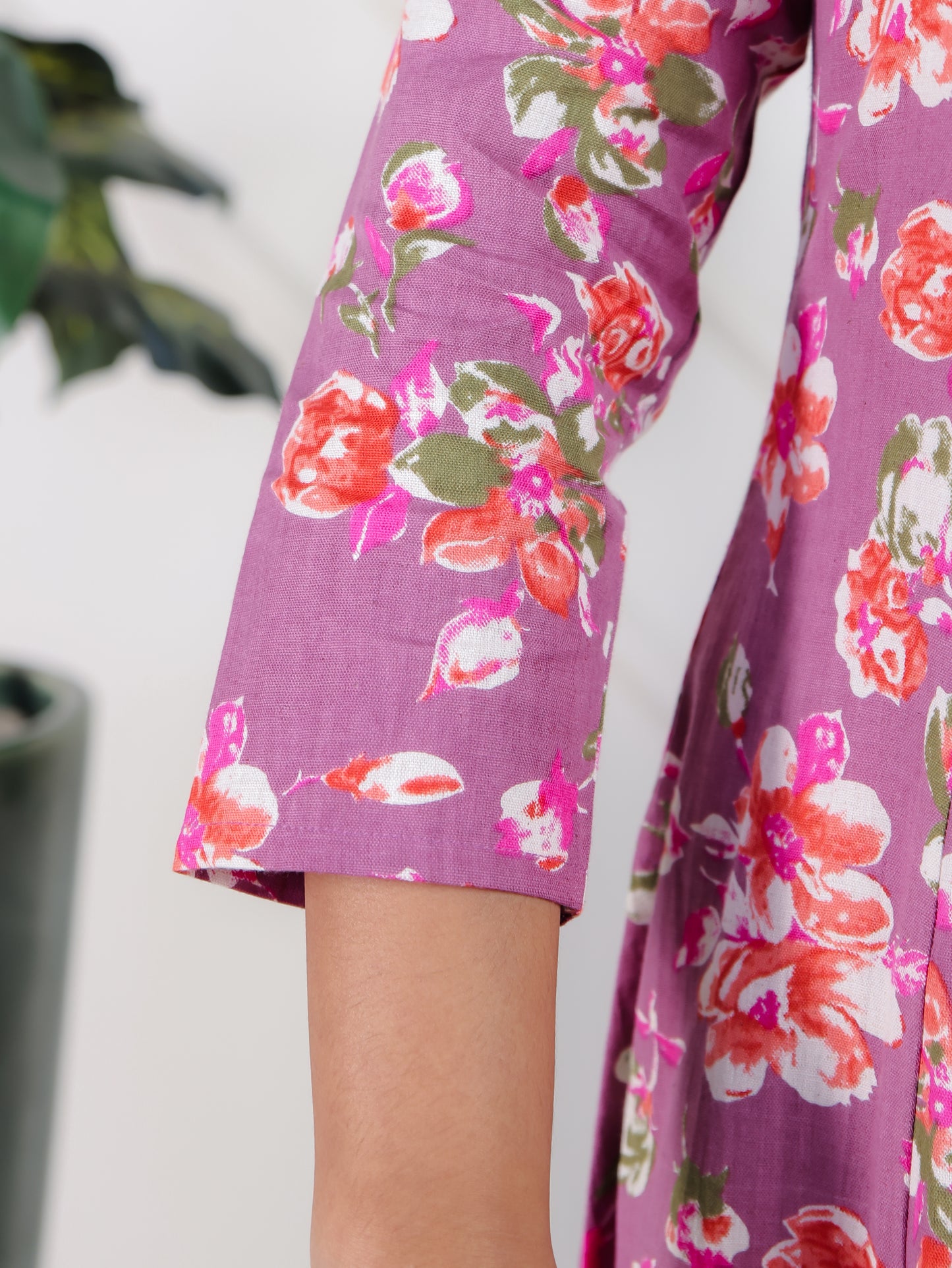 Linen Cotton Floral High Low Purple Kurta