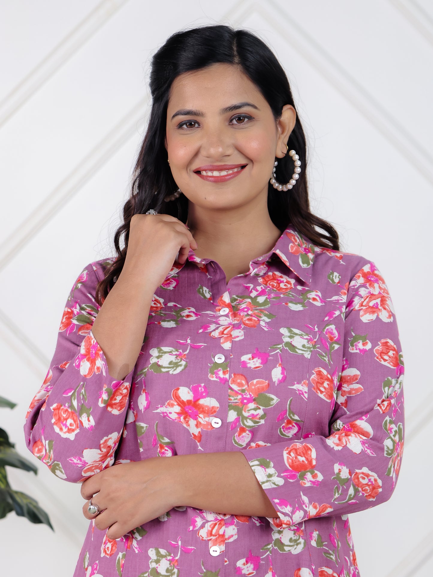 Linen Cotton Floral High Low Purple Kurta