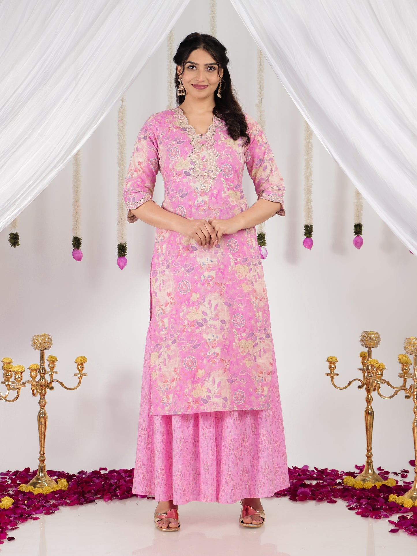Embroidered Soft Cotton Floral Straight Pink Kurta