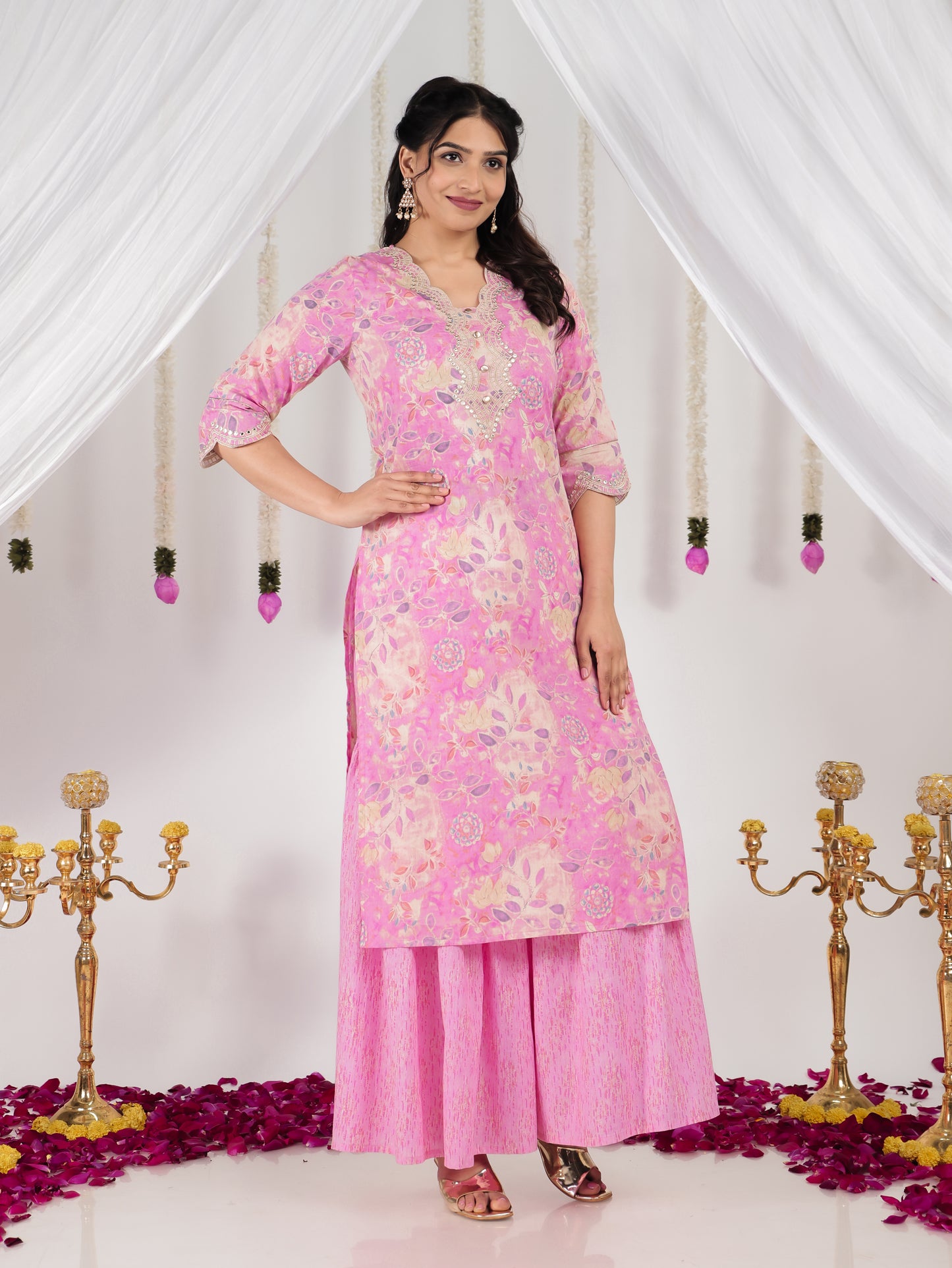 Embroidered Soft Cotton Floral Straight Pink Kurta