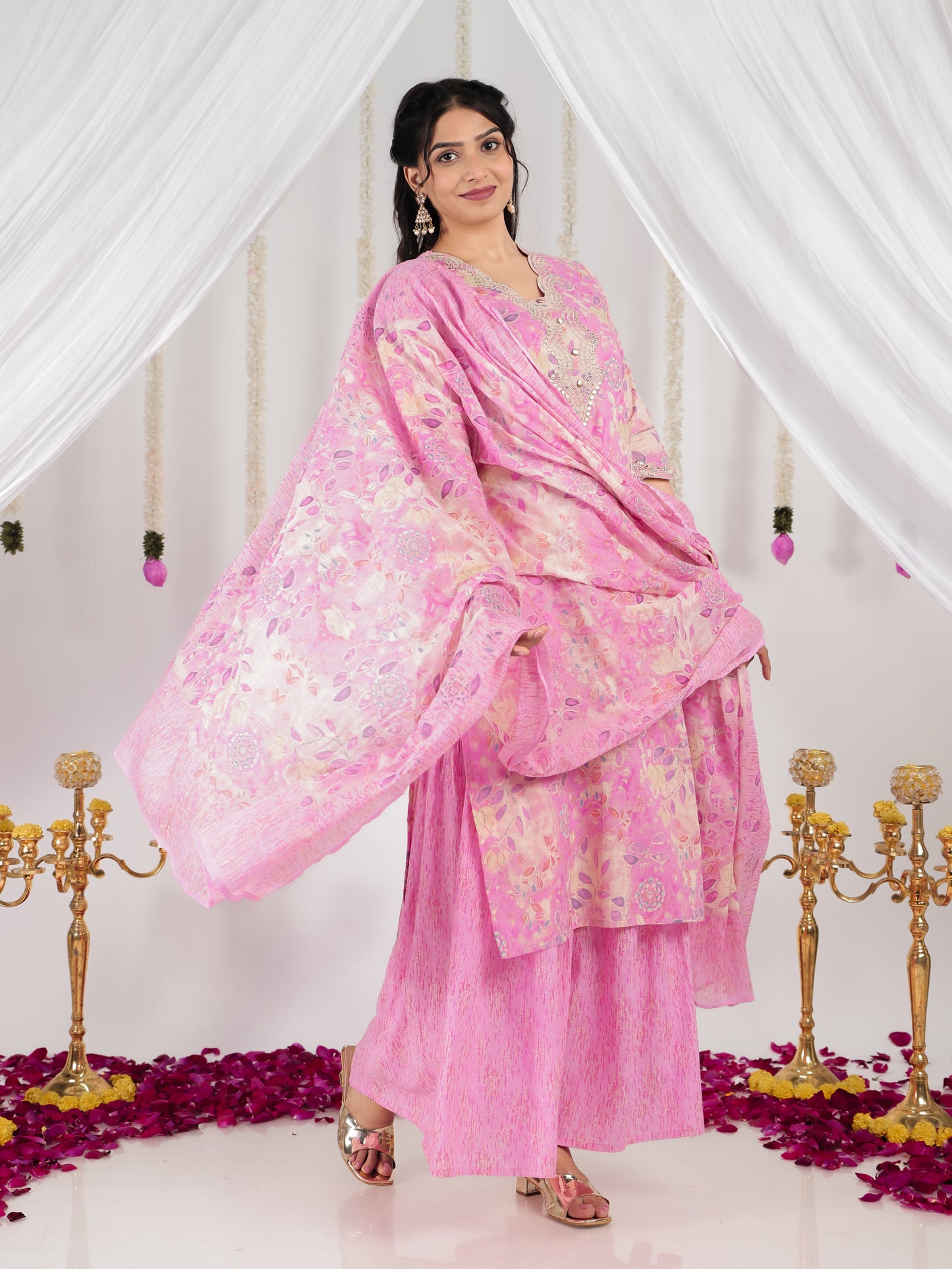 Embroidered Soft Cotton Floral Straight Pink Kurta