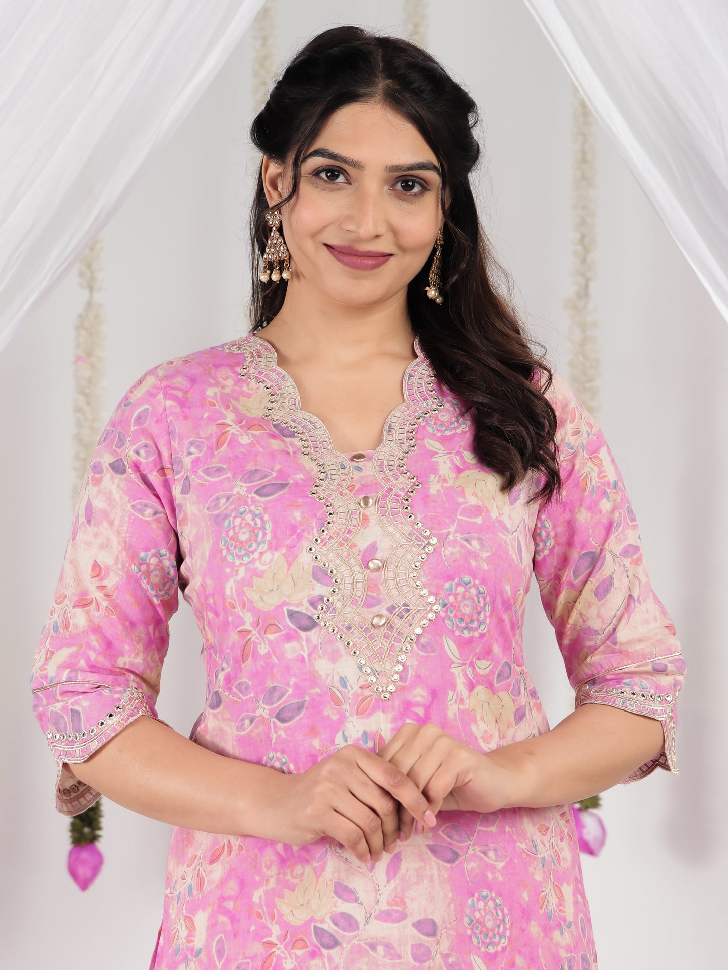 Embroidered Soft Cotton Floral Straight Pink Kurta