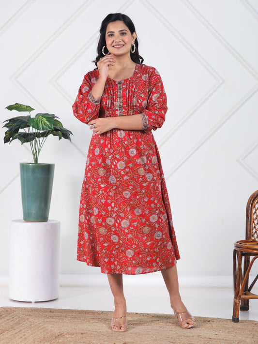 Soft Cotton Floral A-line Red Dress