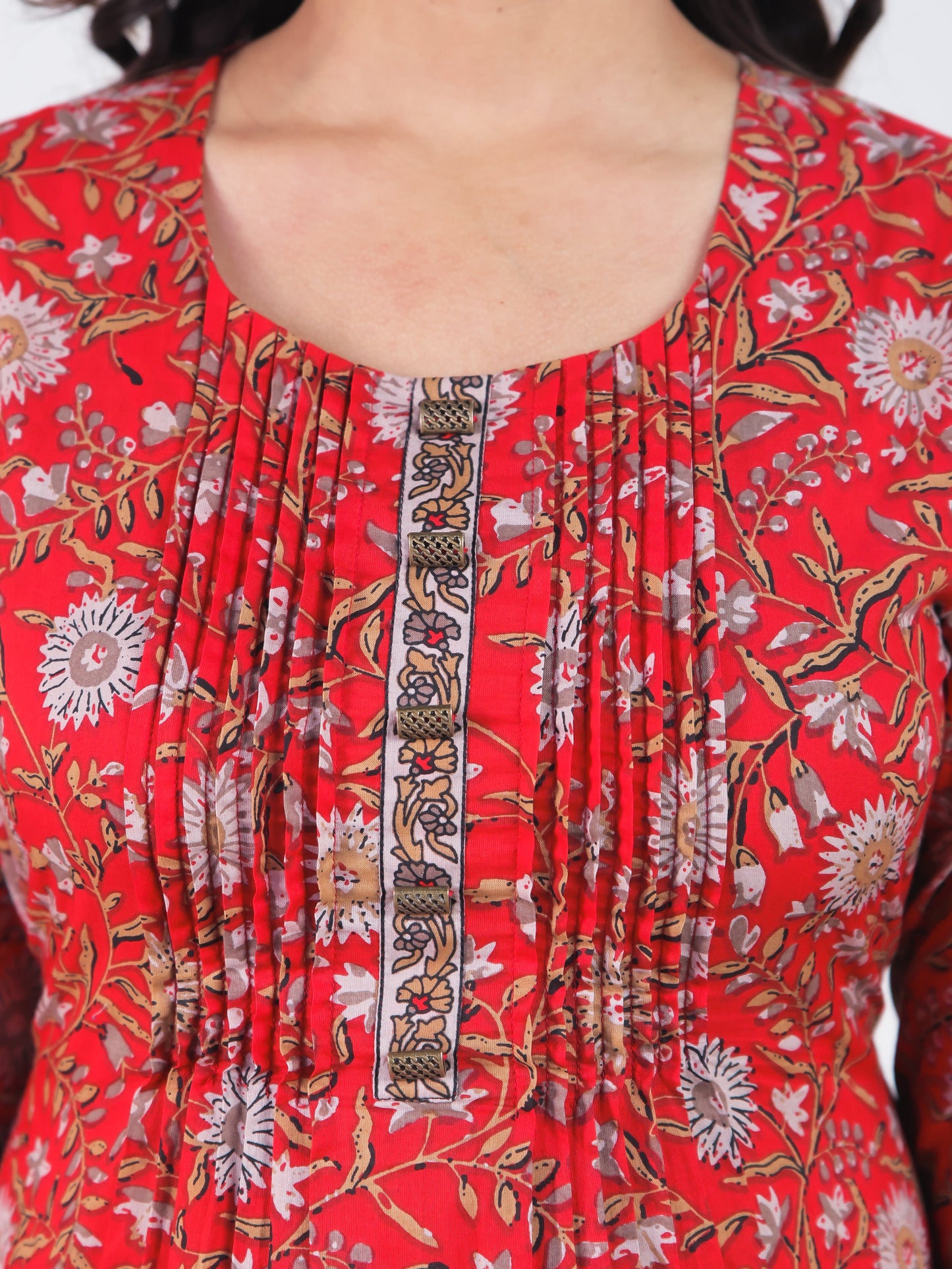 Soft Cotton Floral A-line Red Dress